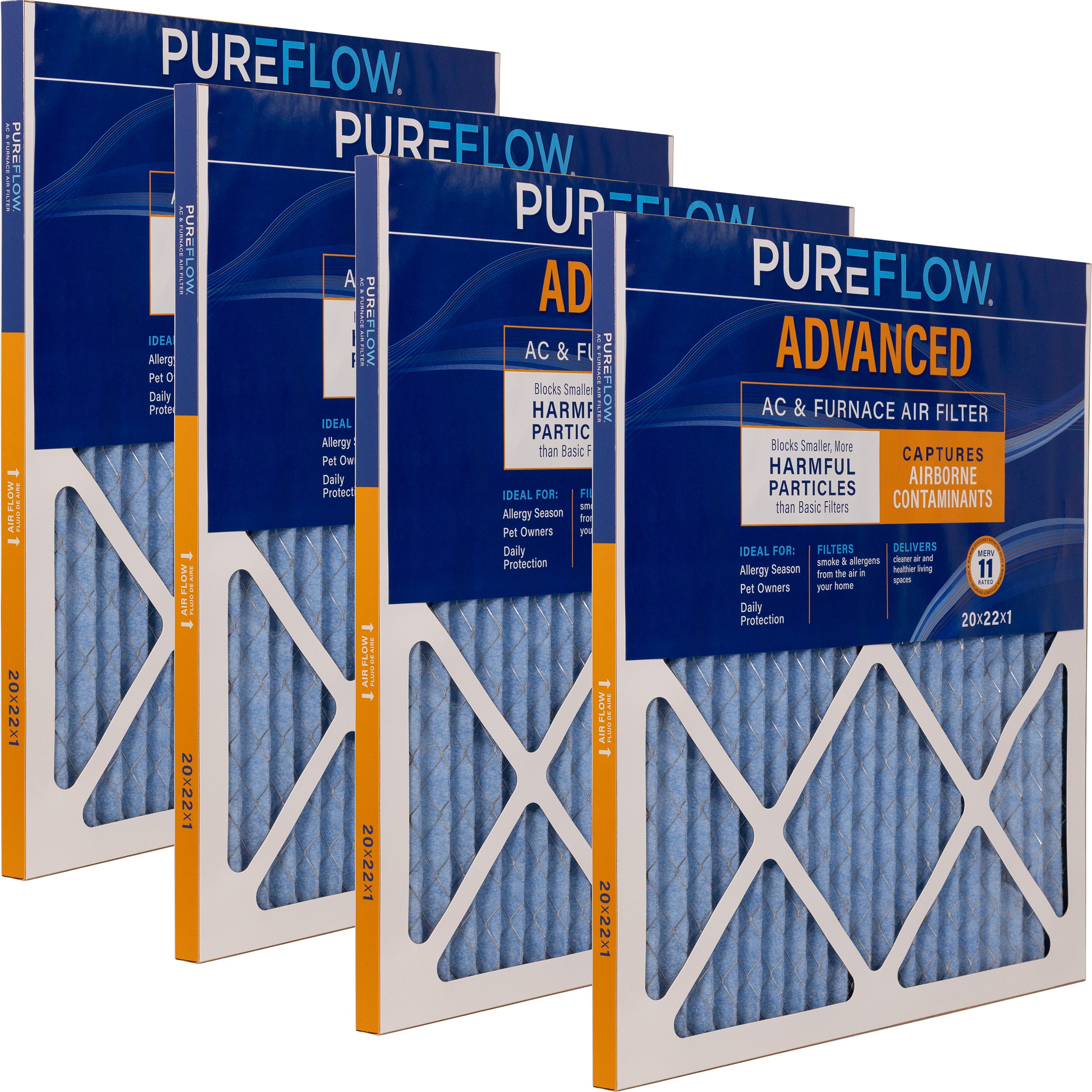 PUREFLOW Home Air Filter MERV 11, 20x22x1 Furnace Filter, 4 Layer High Efficiency Filtration for Dust, Smoke, Fumes, Pollutants (4 - Pack)