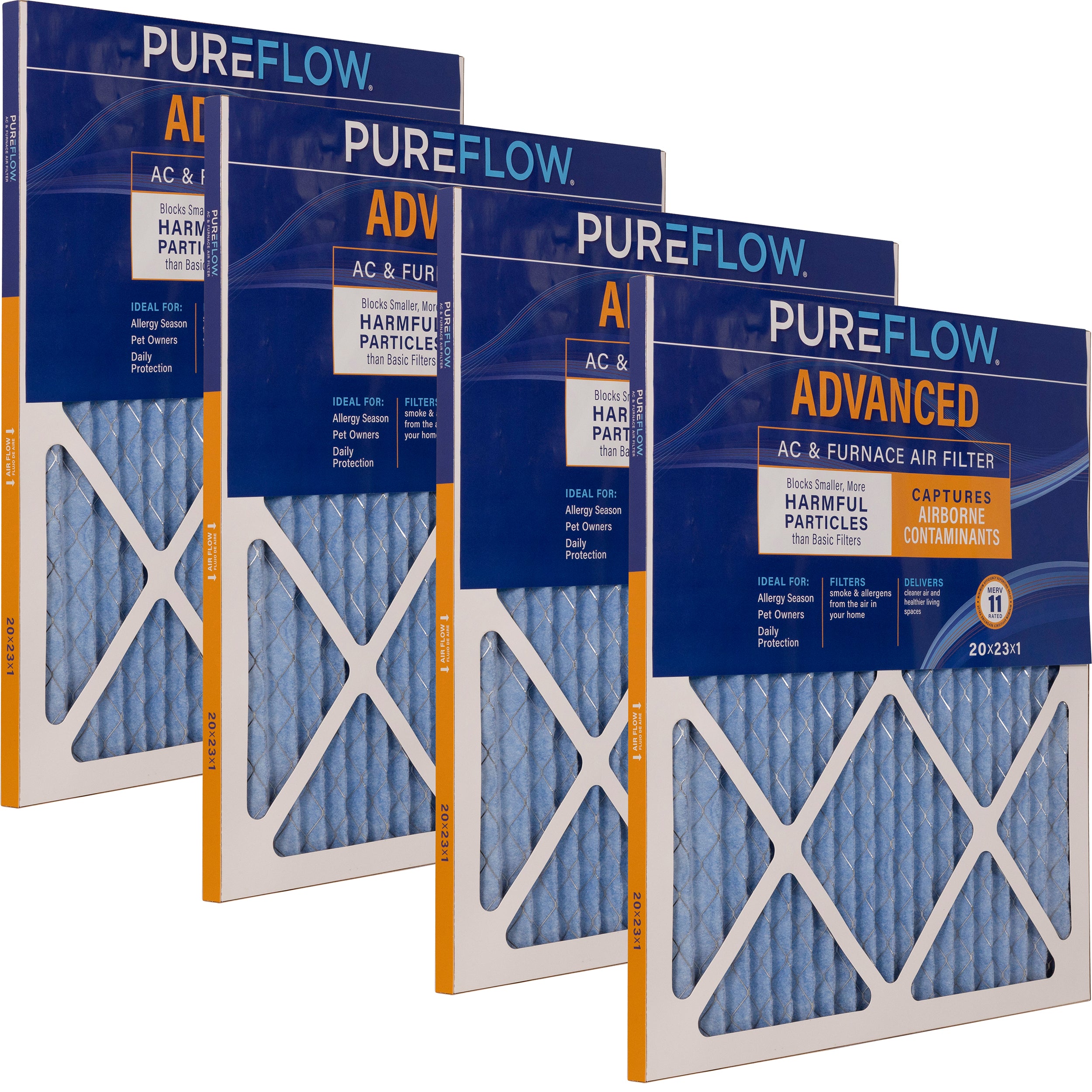 PUREFLOW Home Air Filter MERV 11, 20x23x1 Furnace Filter, 4 Layer High Efficiency Filtration for Dust, Smoke, Fumes, Pollutants (4 - Pack)