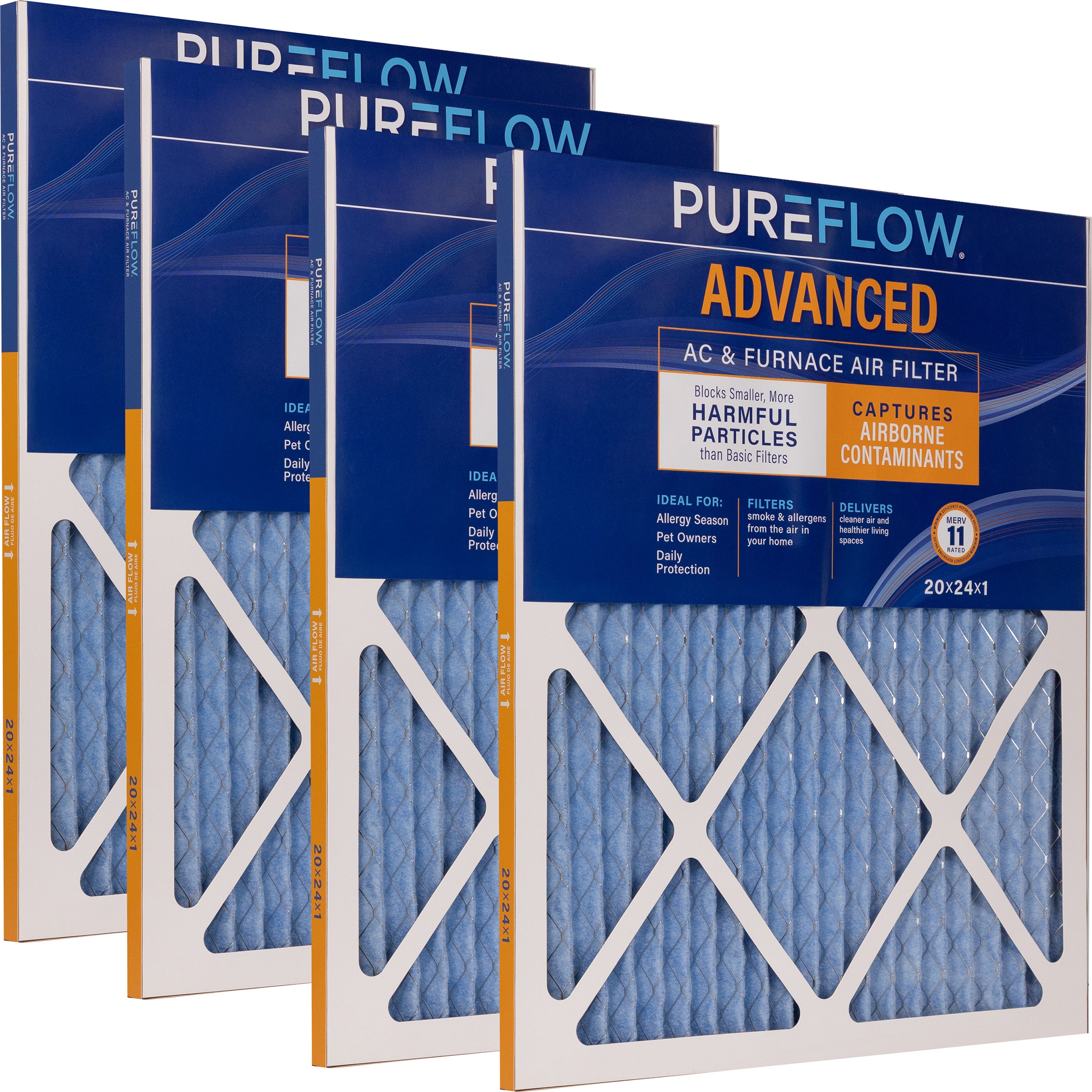 PUREFLOW Home Air Filter MERV 11, 20x24x1 Furnace Filter, 4 Layer High Efficiency Filtration for Dust, Smoke, Fumes, Pollutants (4 - Pack)