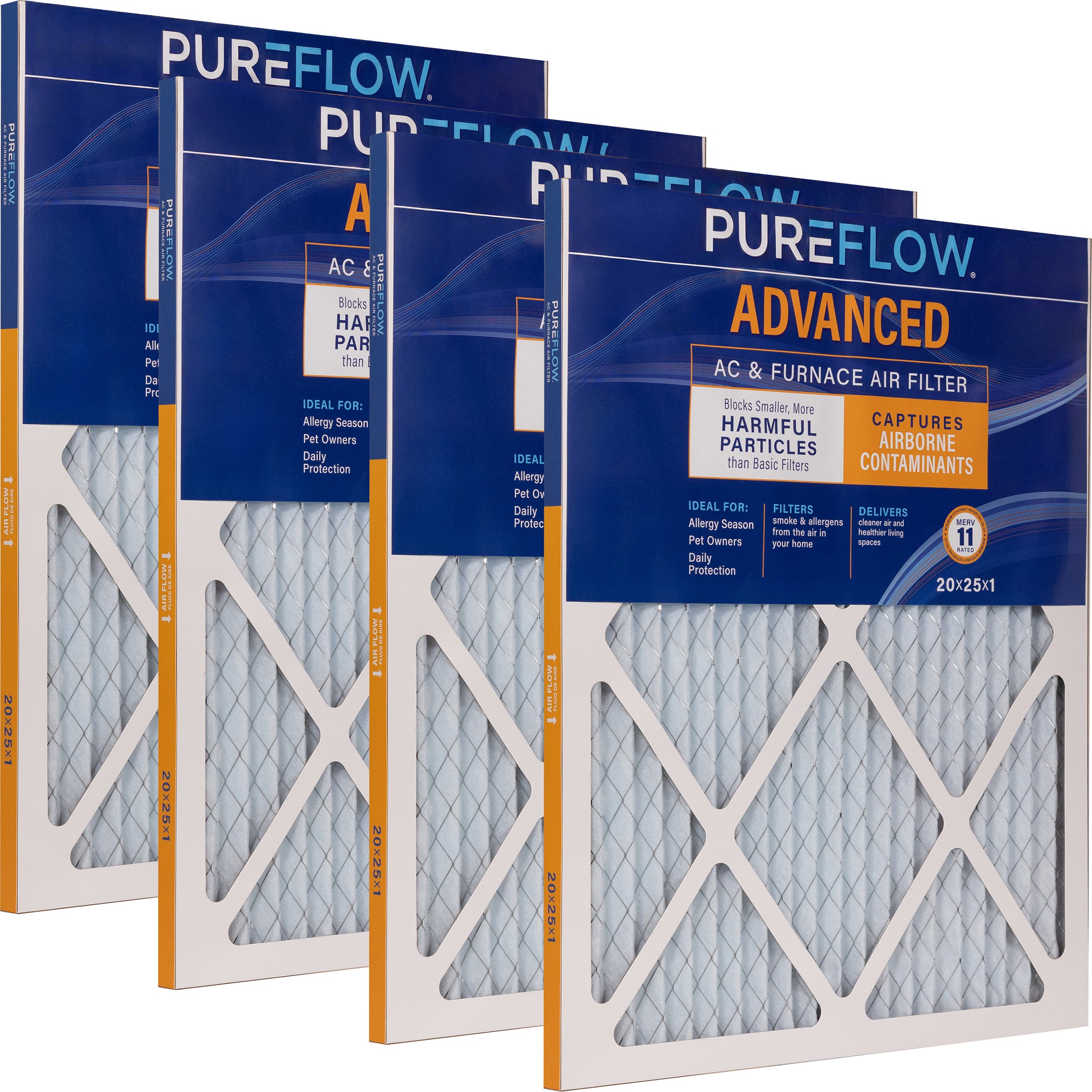 PUREFLOW Home Air Filter MERV 11, 20x25x1 Furnace Filter, 4 Layer High Efficiency Filtration for Dust, Smoke, Fumes, Pollutants (4 - Pack)