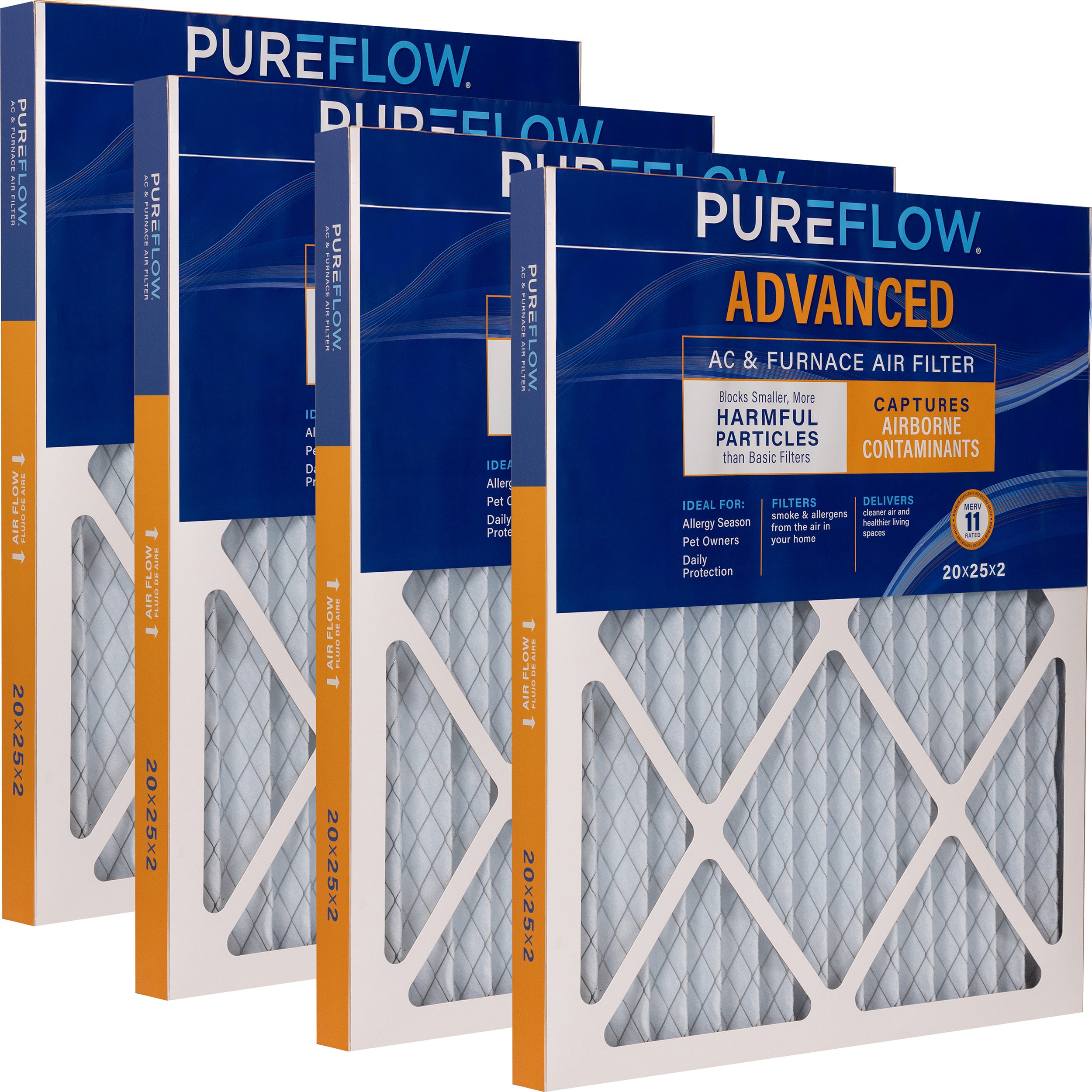 PUREFLOW Home Air Filter MERV 11, 20x25x2 Furnace Filter, 4 Layer High Efficiency Filtration for Dust, Smoke, Fumes, Pollutants (4 - Pack)