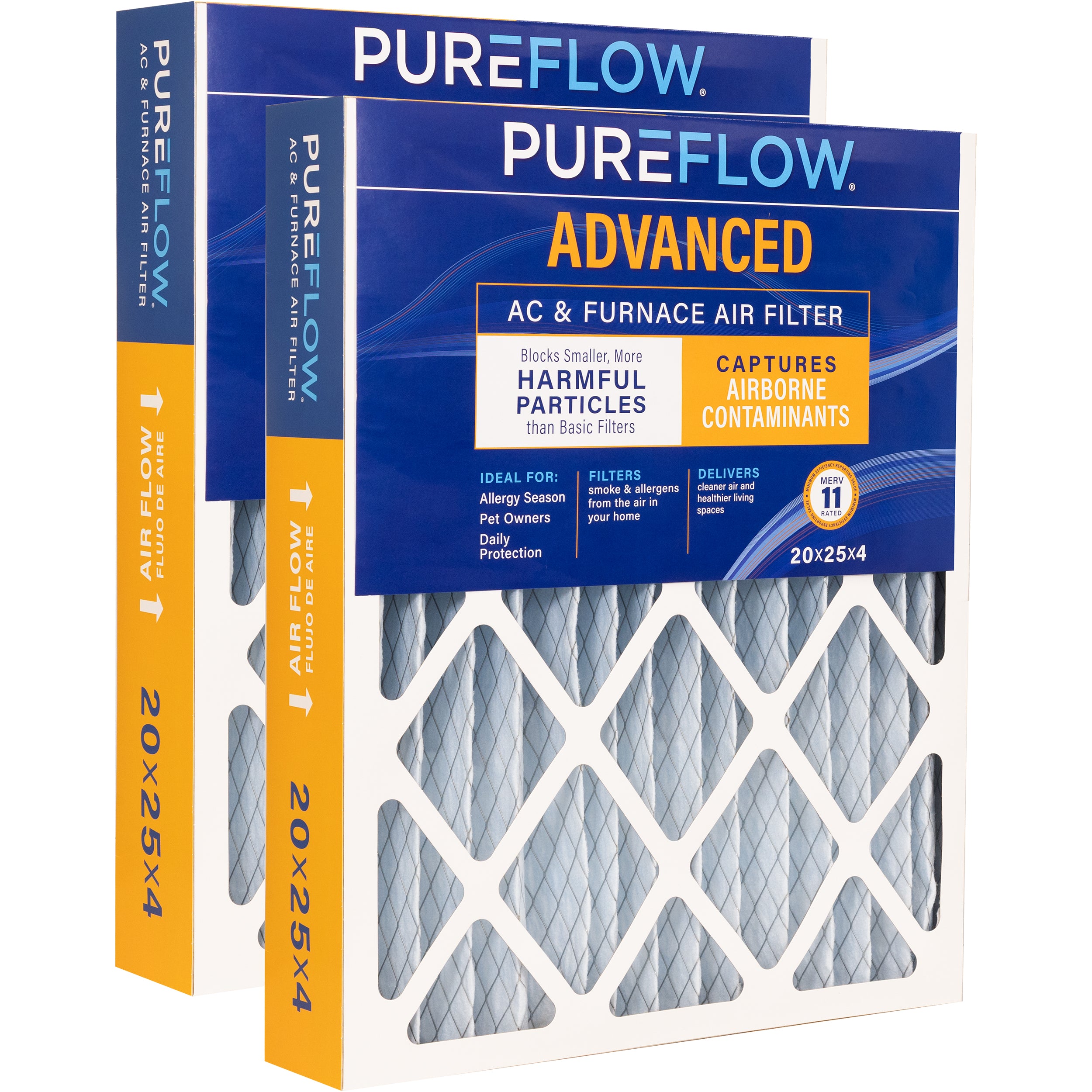 PUREFLOW Home Air Filter MERV 11, 20x25x4 Furnace Filter, 4 Layer High Efficiency Filtration for Dust, Smoke, Fumes, Pollutants (2 - Pack)