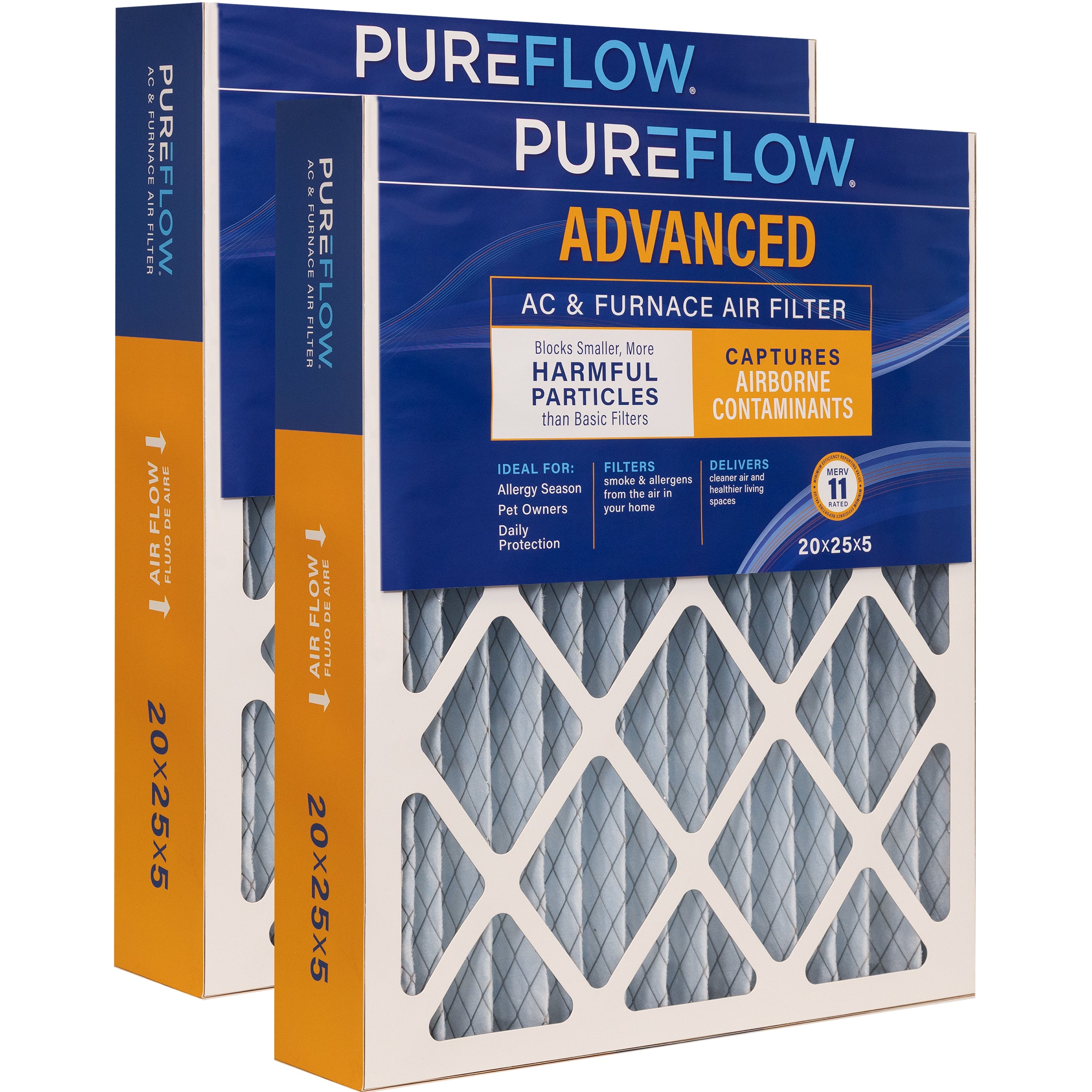 PUREFLOW Home Air Filter MERV 11, 20x25x5 Furnace Filter, 4 Layer High Efficiency Filtration for Dust, Smoke, Fumes, Pollutants (2 - Pack)