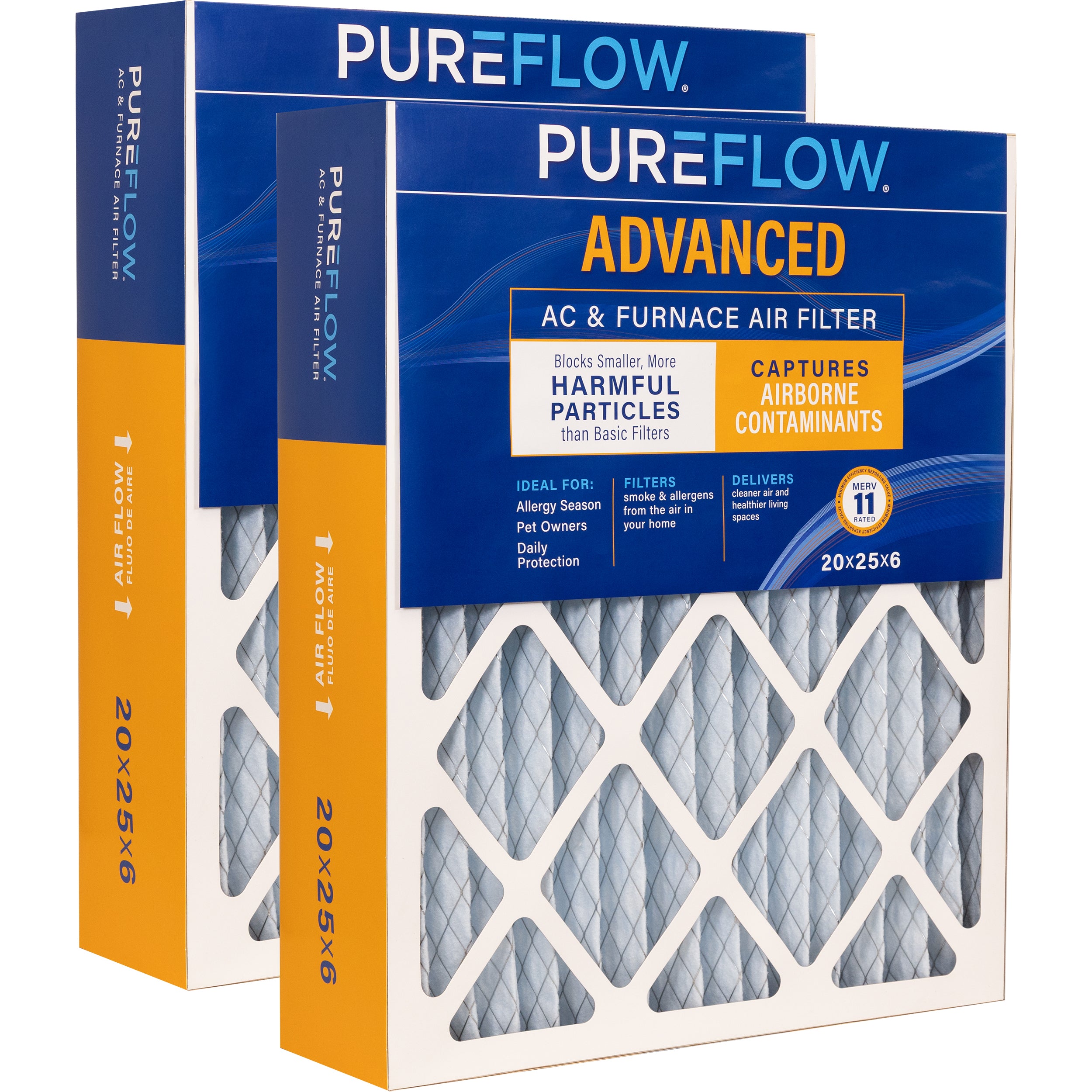 PUREFLOW Home Air Filter MERV 11, 20x25x6 Furnace Filter, 4 Layer High Efficiency Filtration for Dust, Smoke, Fumes, Pollutants (2 - Pack)