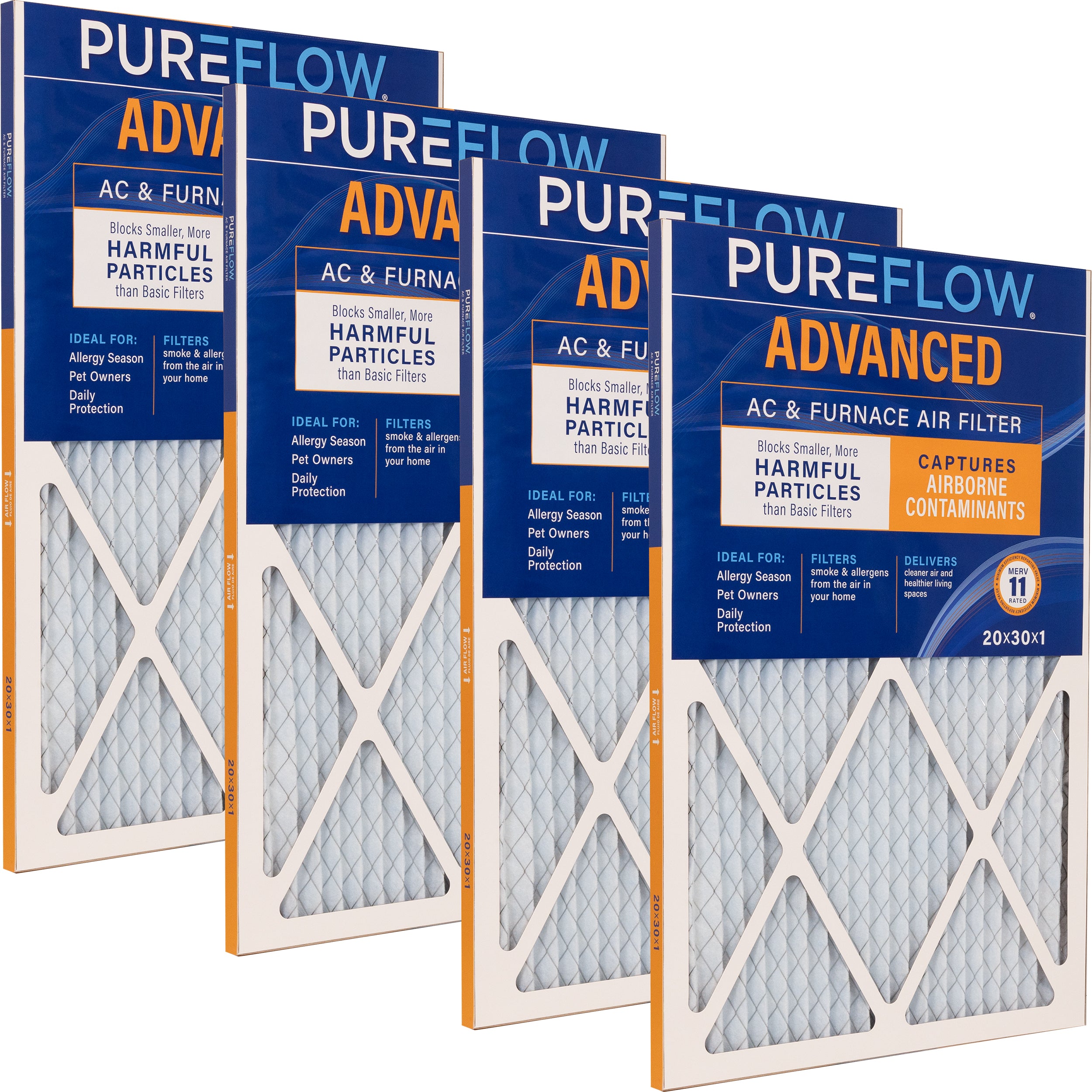 PUREFLOW Home Air Filter MERV 11, 20x30x1 Furnace Filter, 4 Layer High Efficiency Filtration for Dust, Smoke, Fumes, Pollutants (4 - Pack)
