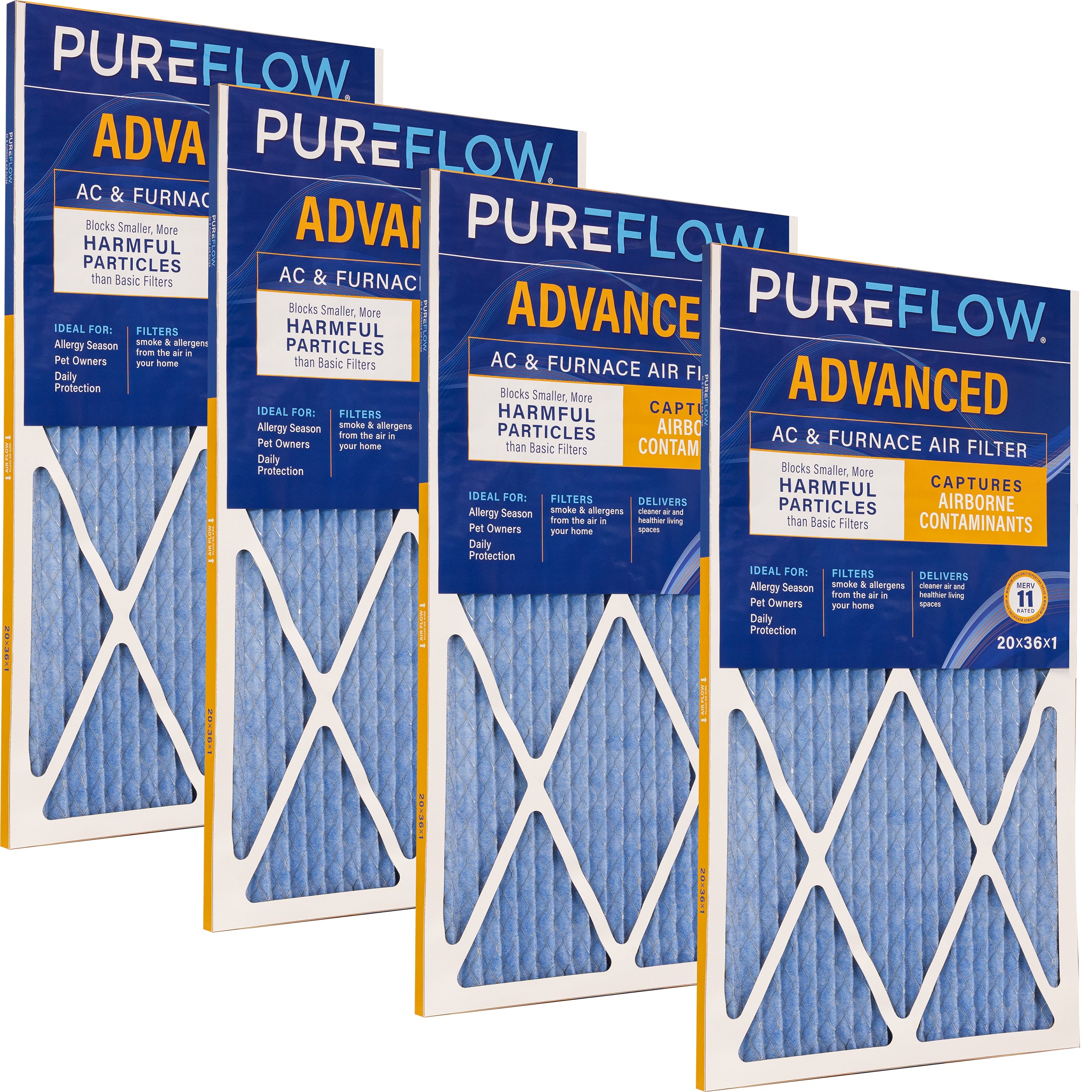 PUREFLOW Home Air Filter MERV 11, 20x36x1 Furnace Filter, 4 Layer High Efficiency Filtration for Dust, Smoke, Fumes, Pollutants (4 - Pack)