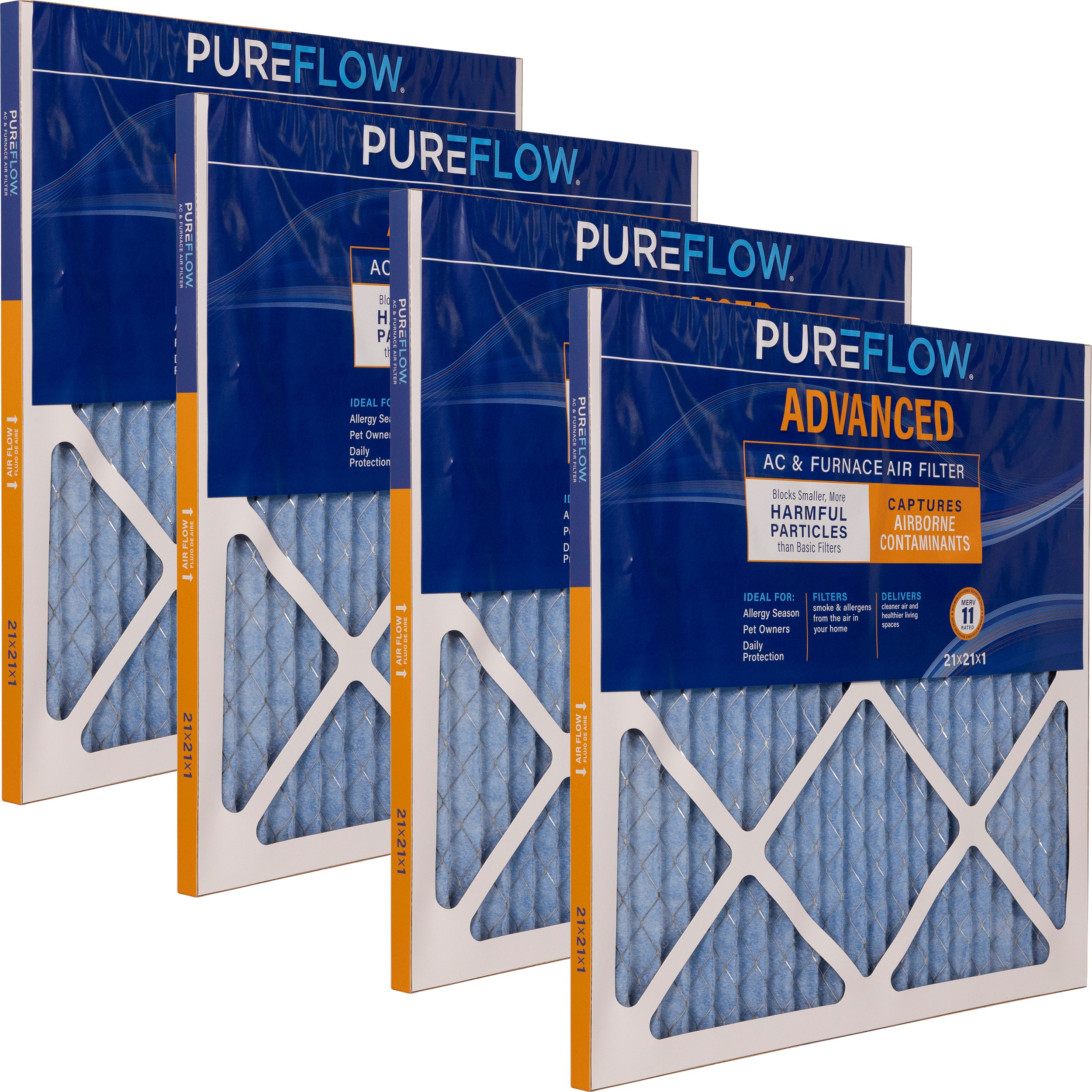 PUREFLOW Home Air Filter MERV 11, 21x21x1 Furnace Filter, 4 Layer High Efficiency Filtration for Dust, Smoke, Fumes, Pollutants (4 - Pack)
