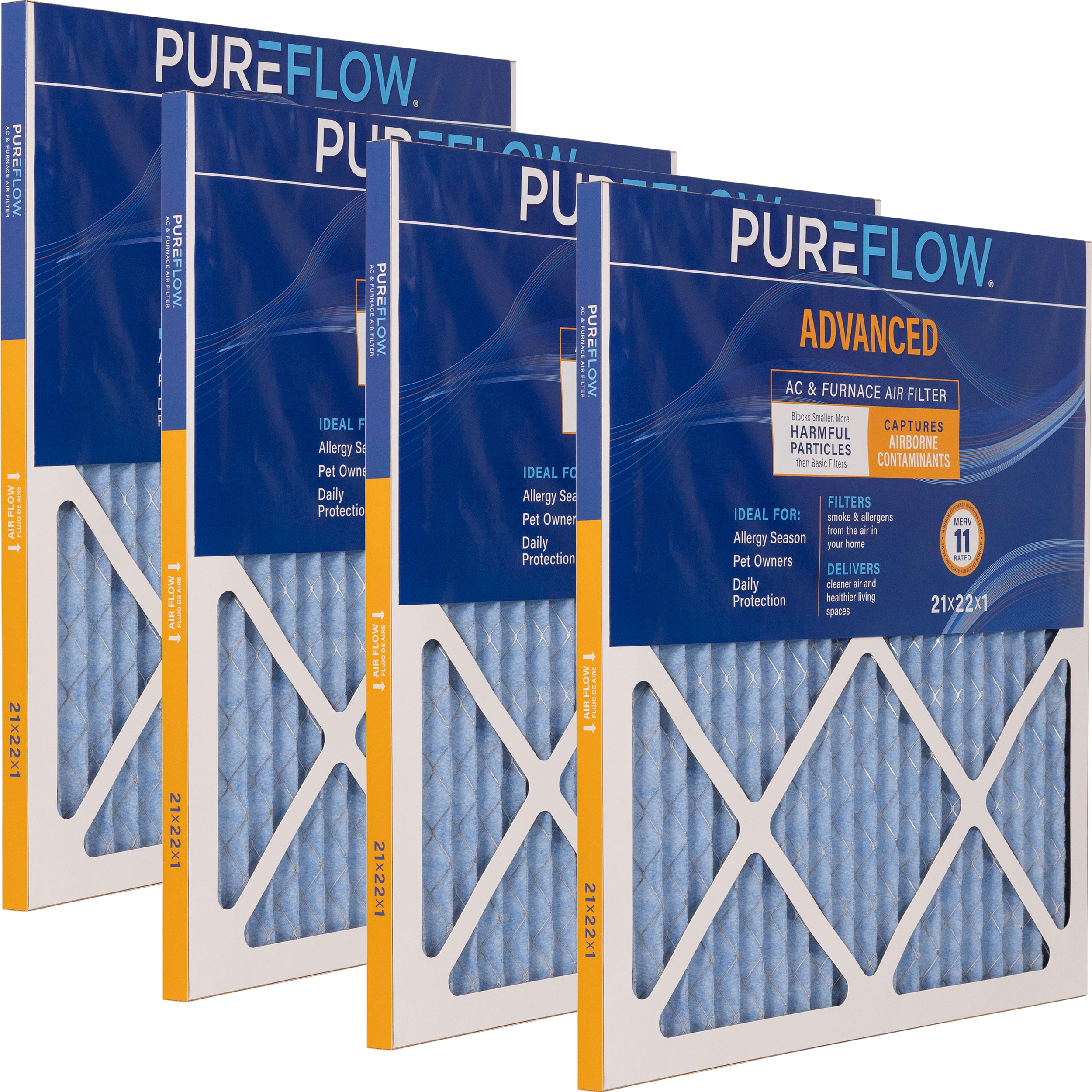 PUREFLOW Home Air Filter MERV 11, 21x22x1 Furnace Filter, 4 Layer High Efficiency Filtration for Dust, Smoke, Fumes, Pollutants (4 - Pack)