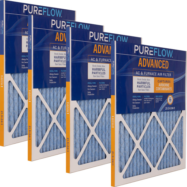 PUREFLOW Home Air Filter MERV 11, 21.5x24x1 Furnace Filter, 4 Layer High Efficiency Filtration for Dust, Smoke, Fumes, Pollutants (4 - Pack)