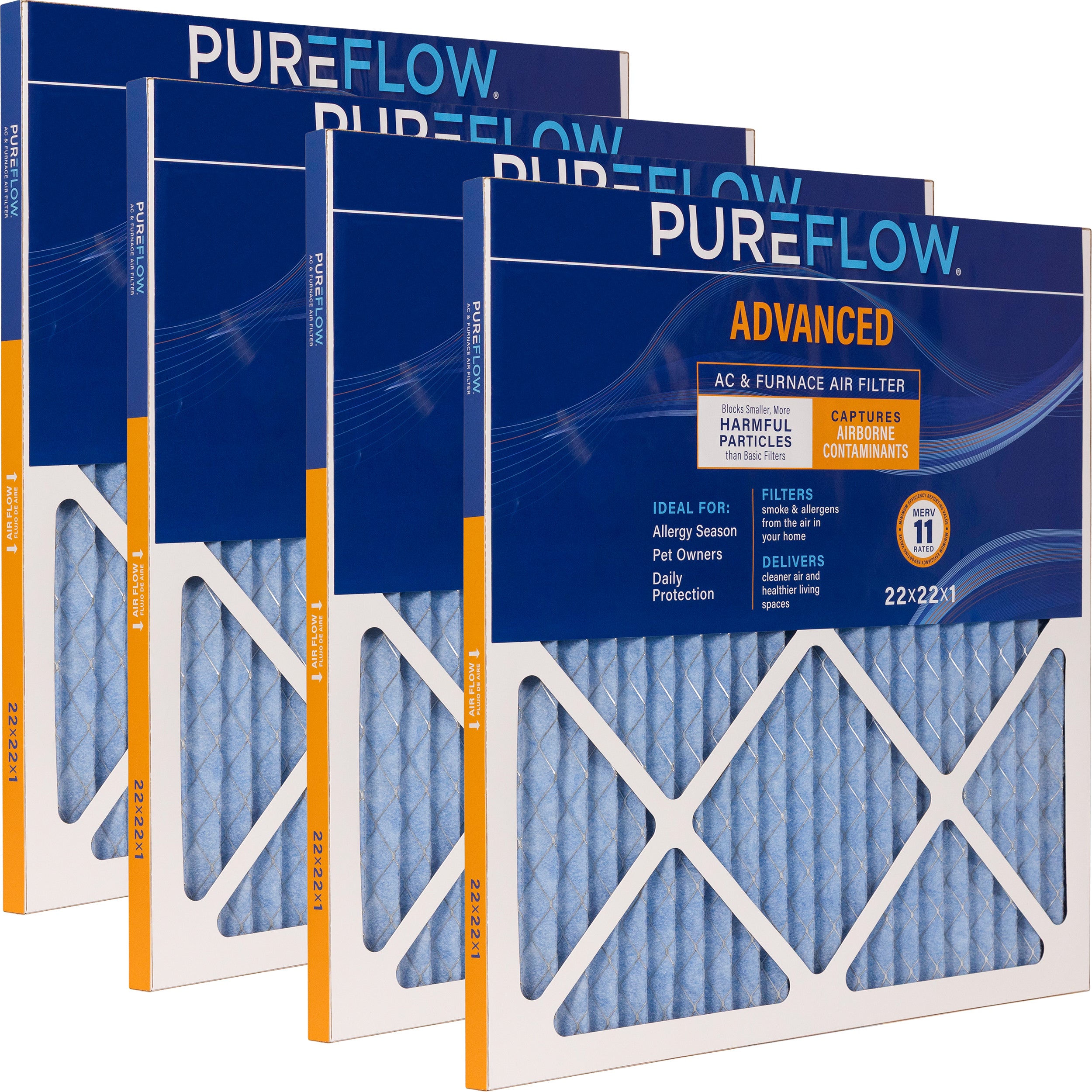 PUREFLOW Home Air Filter MERV 11, 22x22x1 Furnace Filter, 4 Layer High Efficiency Filtration for Dust, Smoke, Fumes, Pollutants (4 - Pack)