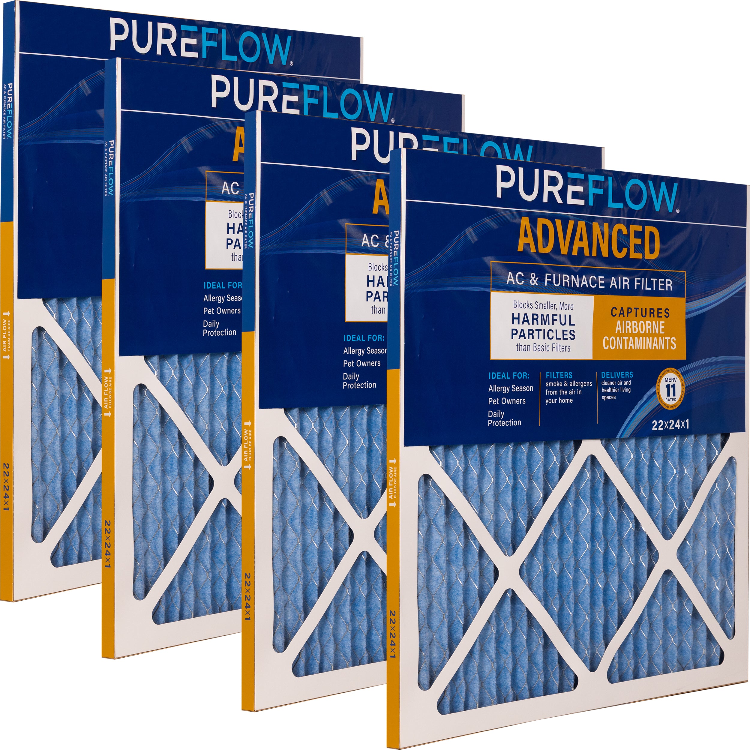 PUREFLOW Home Air Filter MERV 11, 22x24x1 Furnace Filter, 4 Layer High Efficiency Filtration for Dust, Smoke, Fumes, Pollutants (4 - Pack)