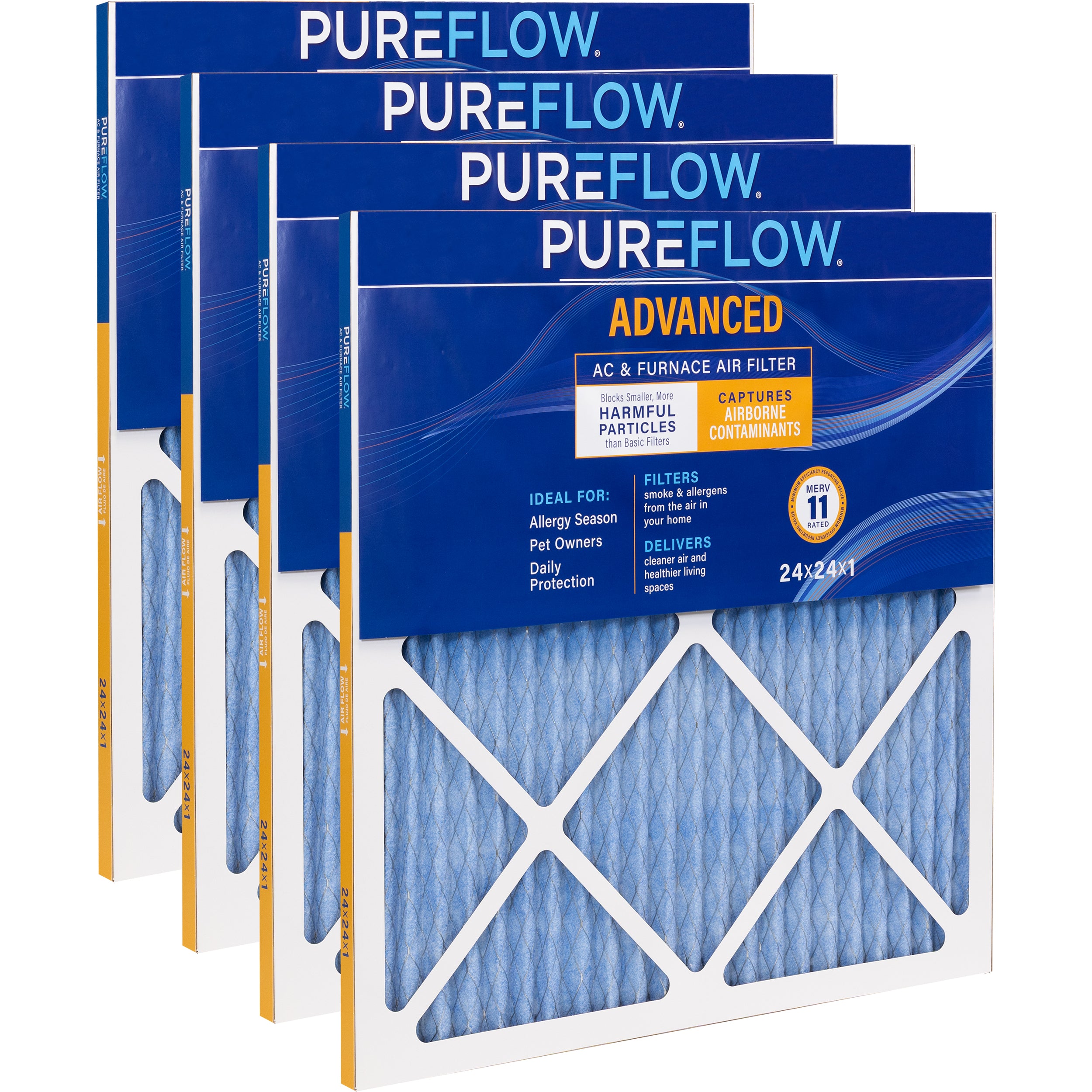 PUREFLOW Home Air Filter MERV 11, 24x24x1 Furnace Filter, 4 Layer High Efficiency Filtration for Dust, Smoke, Fumes, Pollutants (4 - Pack)