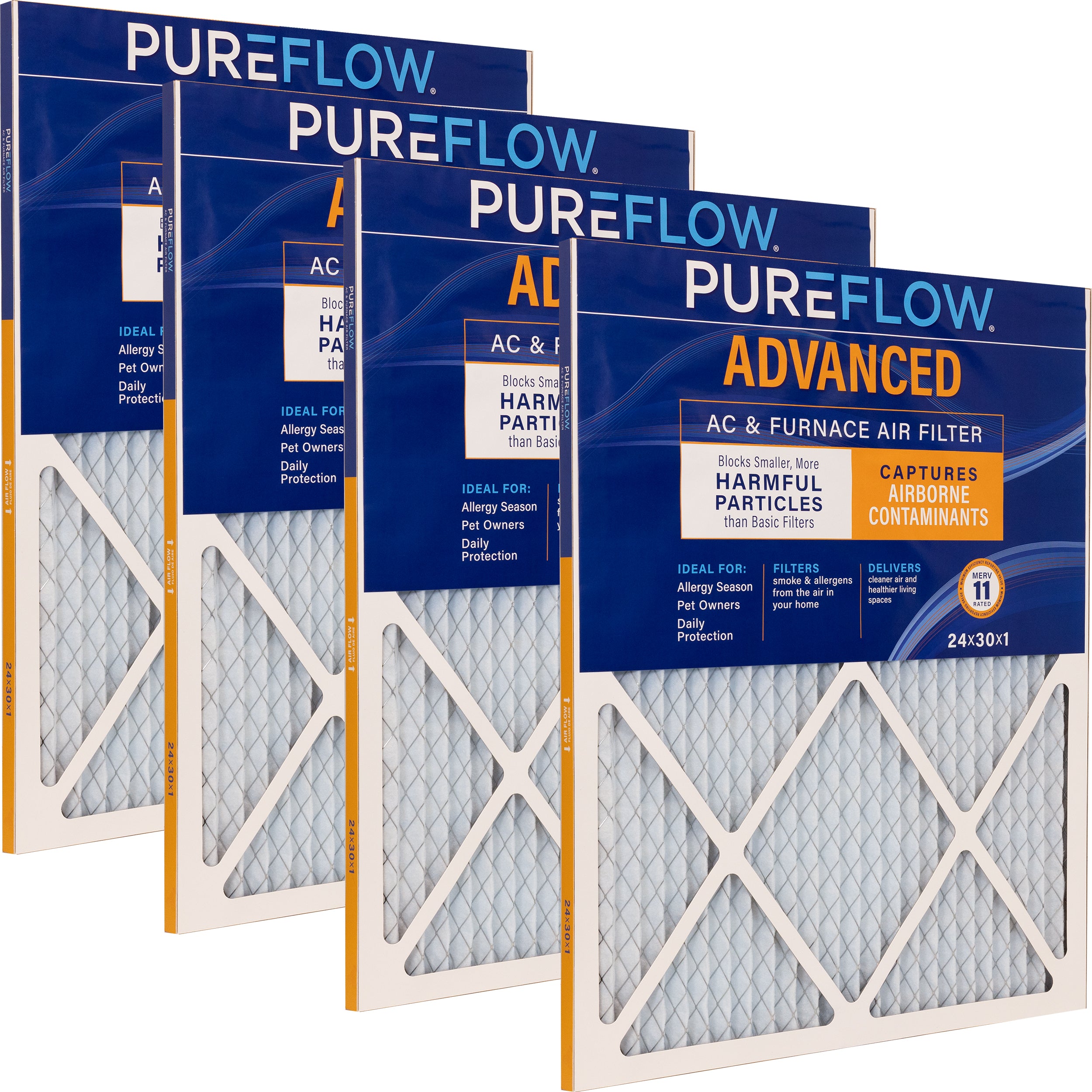 PUREFLOW Home Air Filter MERV 11, 24x30x1 Furnace Filter, 4 Layer High Efficiency Filtration for Dust, Smoke, Fumes, Pollutants (4 - Pack)