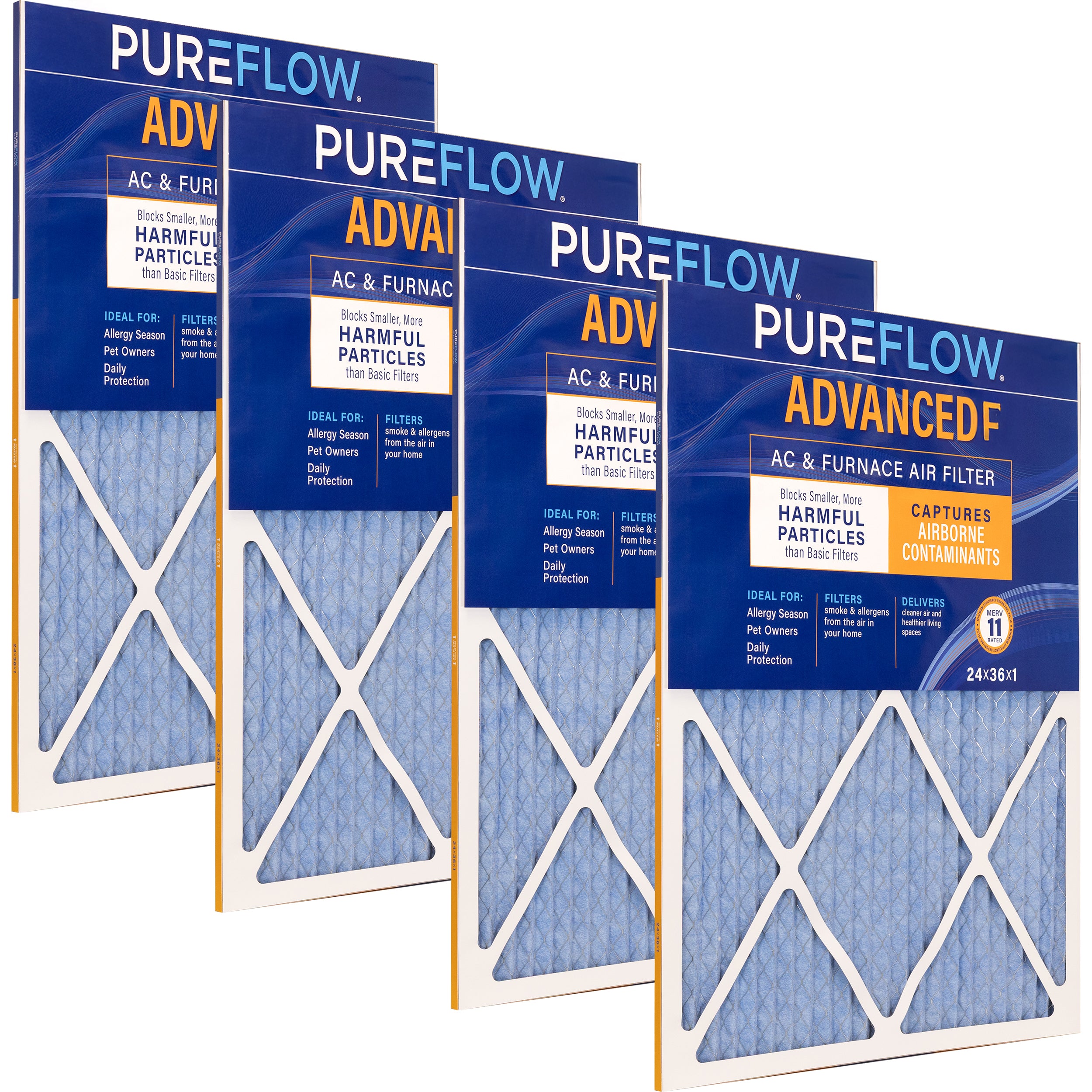 PUREFLOW Home Air Filter MERV 11, 24x36x1 Furnace Filter, 4 Layer High Efficiency Filtration for Dust, Smoke, Fumes, Pollutants (4 - Pack)