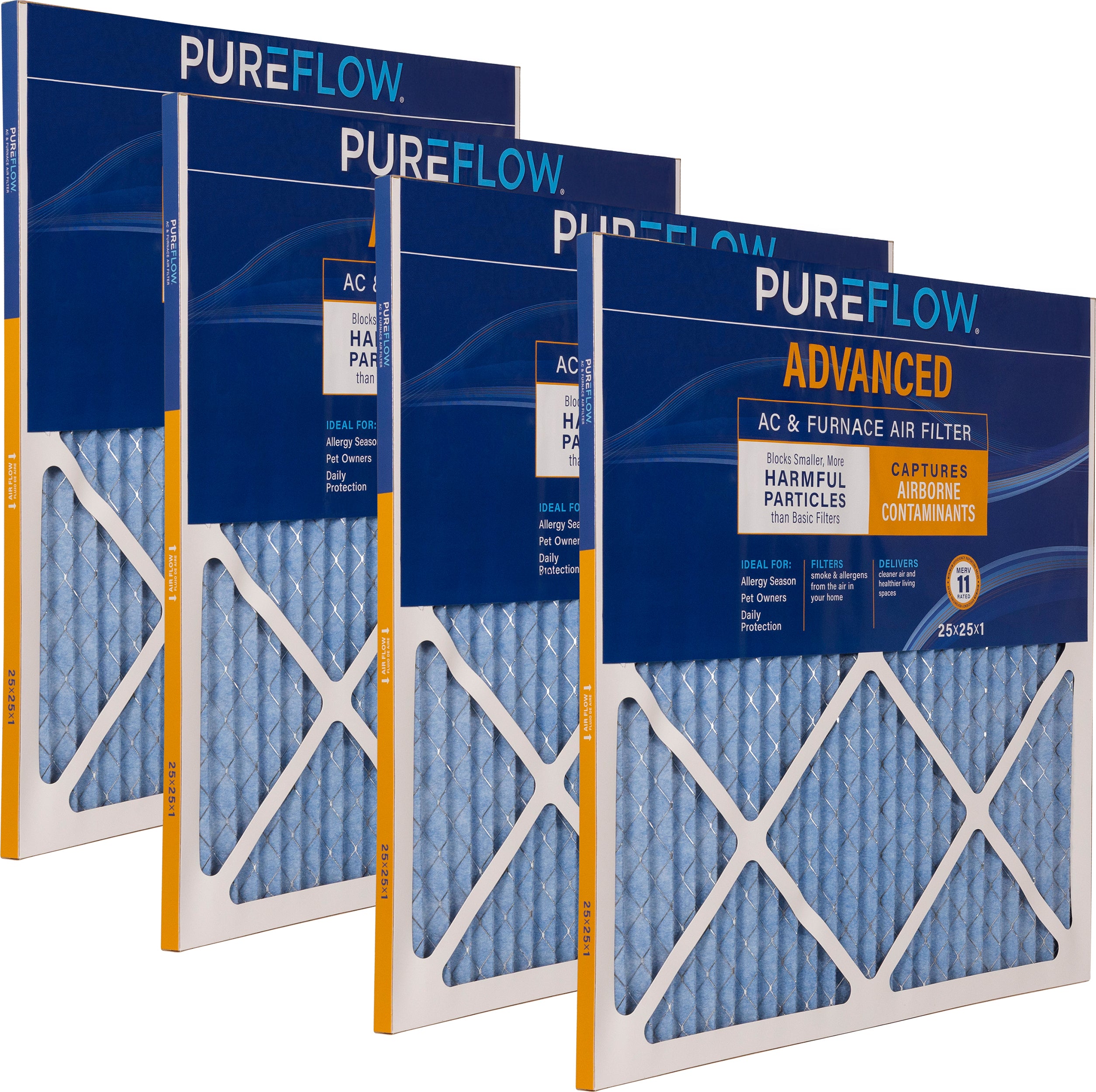 PUREFLOW Home Air Filter MERV 11, 25x25x1 Furnace Filter, 4 Layer High Efficiency Filtration for Dust, Smoke, Fumes, Pollutants (4 - Pack)