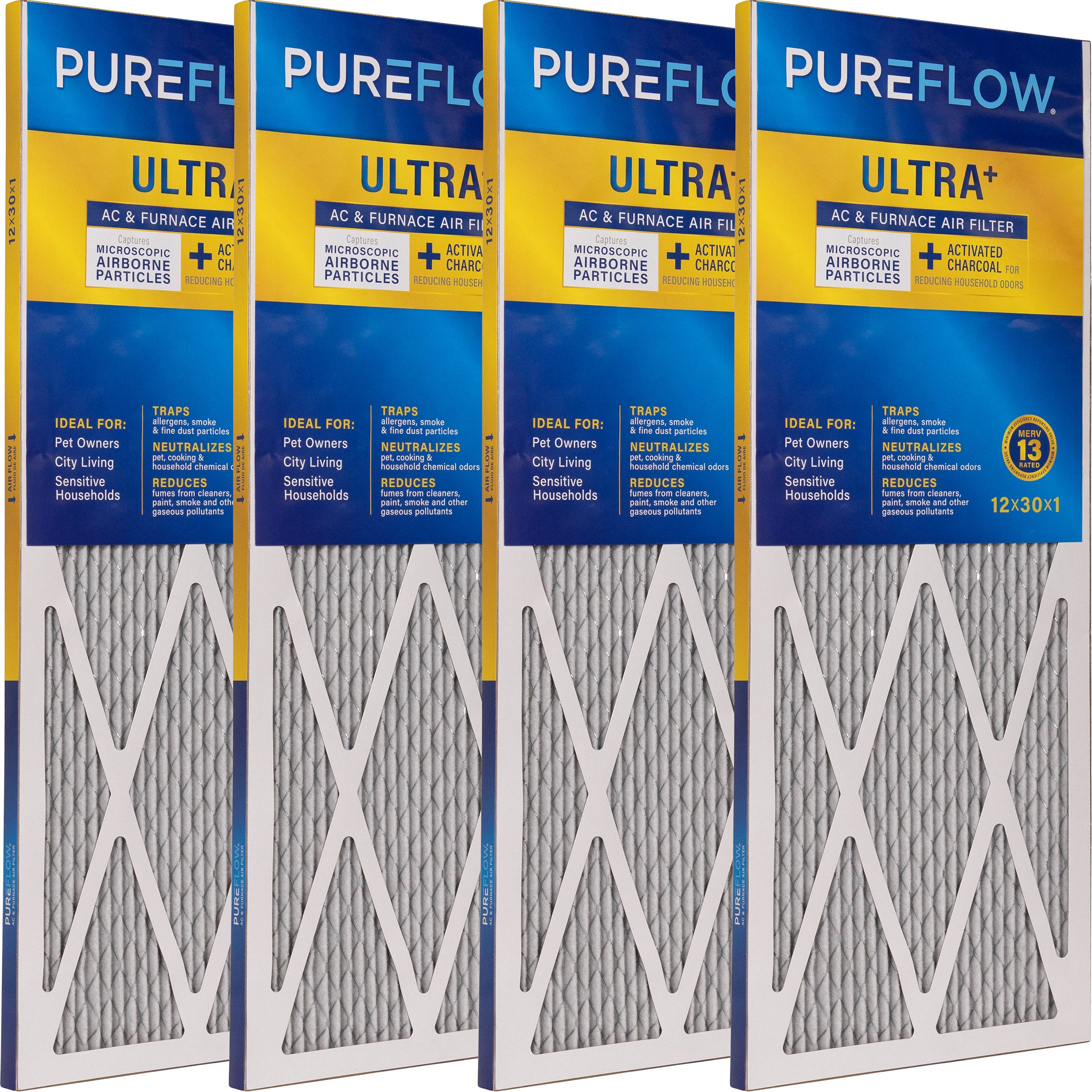 PUREFLOW Odor Control Home Air Filter MERV 13, 12x30x1 Furnace Filter, 4 Layer High Efficiency Filtration for Dust, Smoke, Fumes, Pollutants (4 - Pack)