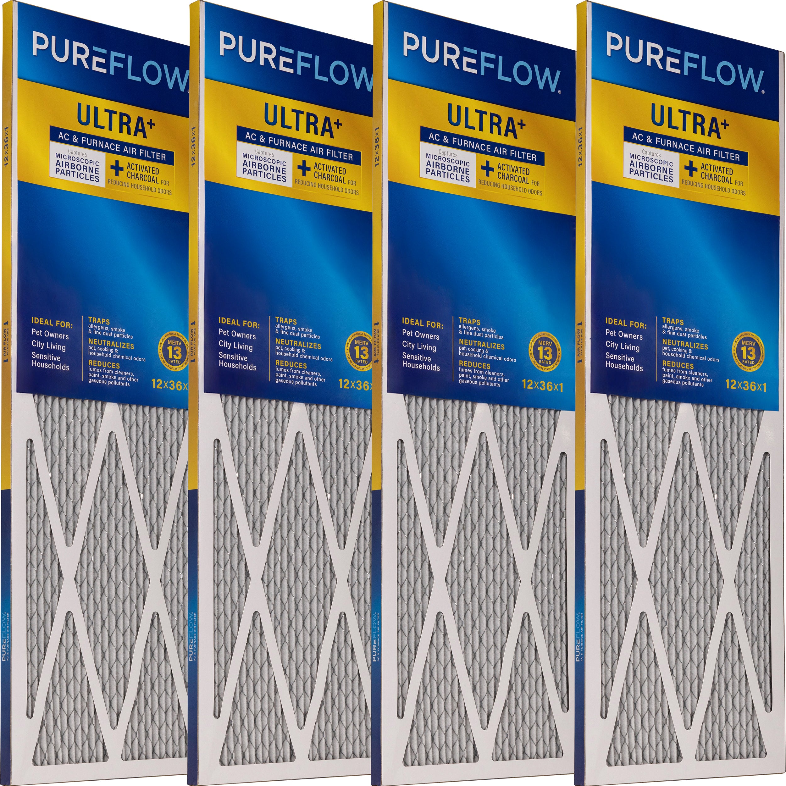 PUREFLOW Odor Control Home Air Filter MERV 13, 12x36x1 Furnace Filter, 4 Layer High Efficiency Filtration for Dust, Smoke, Fumes, Pollutants (4 - Pack)