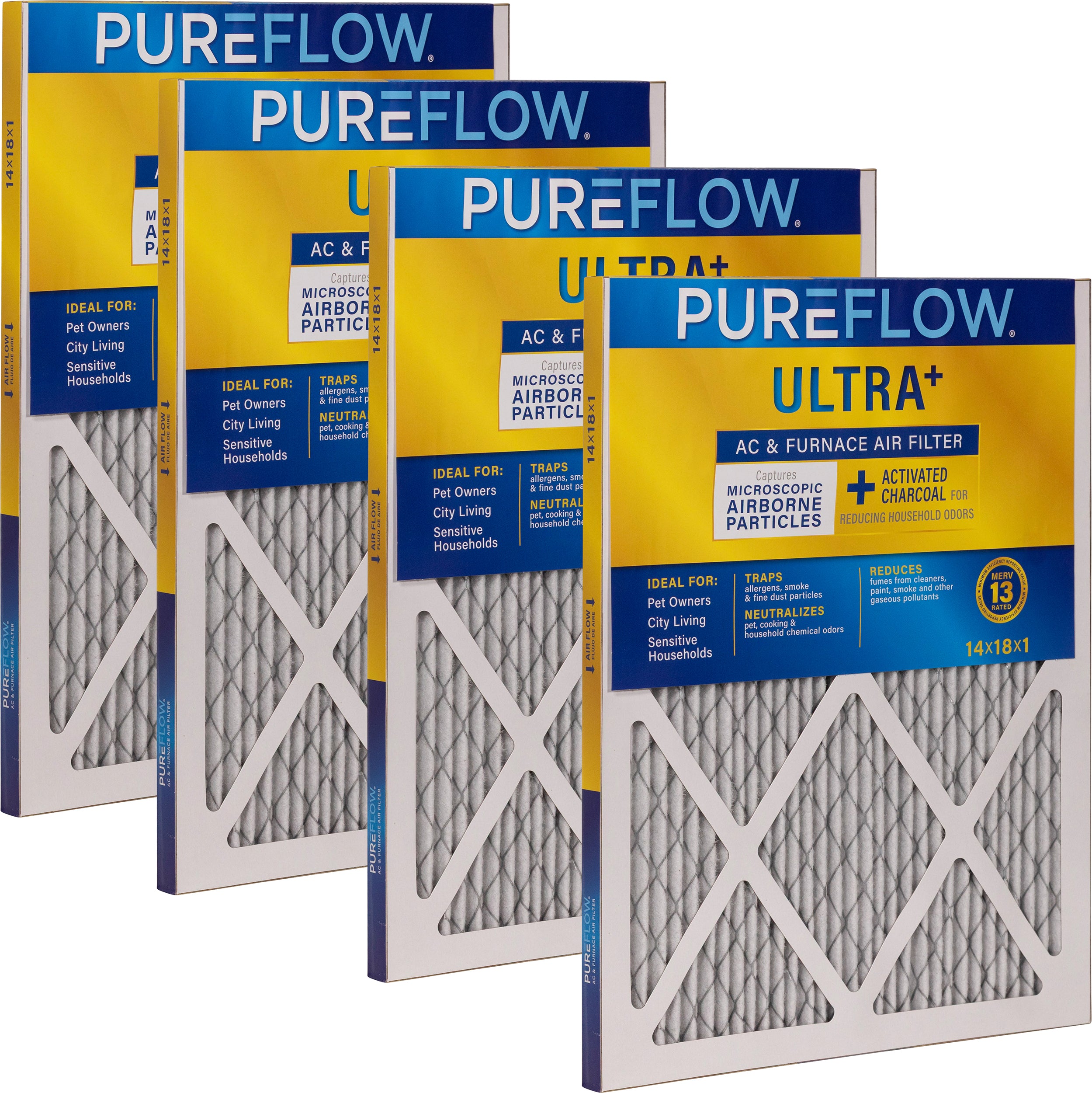 PUREFLOW Odor Control Home Air Filter MERV 13, 14x18x1 Furnace Filter, 4 Layer High Efficiency Filtration for Dust, Smoke, Fumes, Pollutants (4 - Pack)