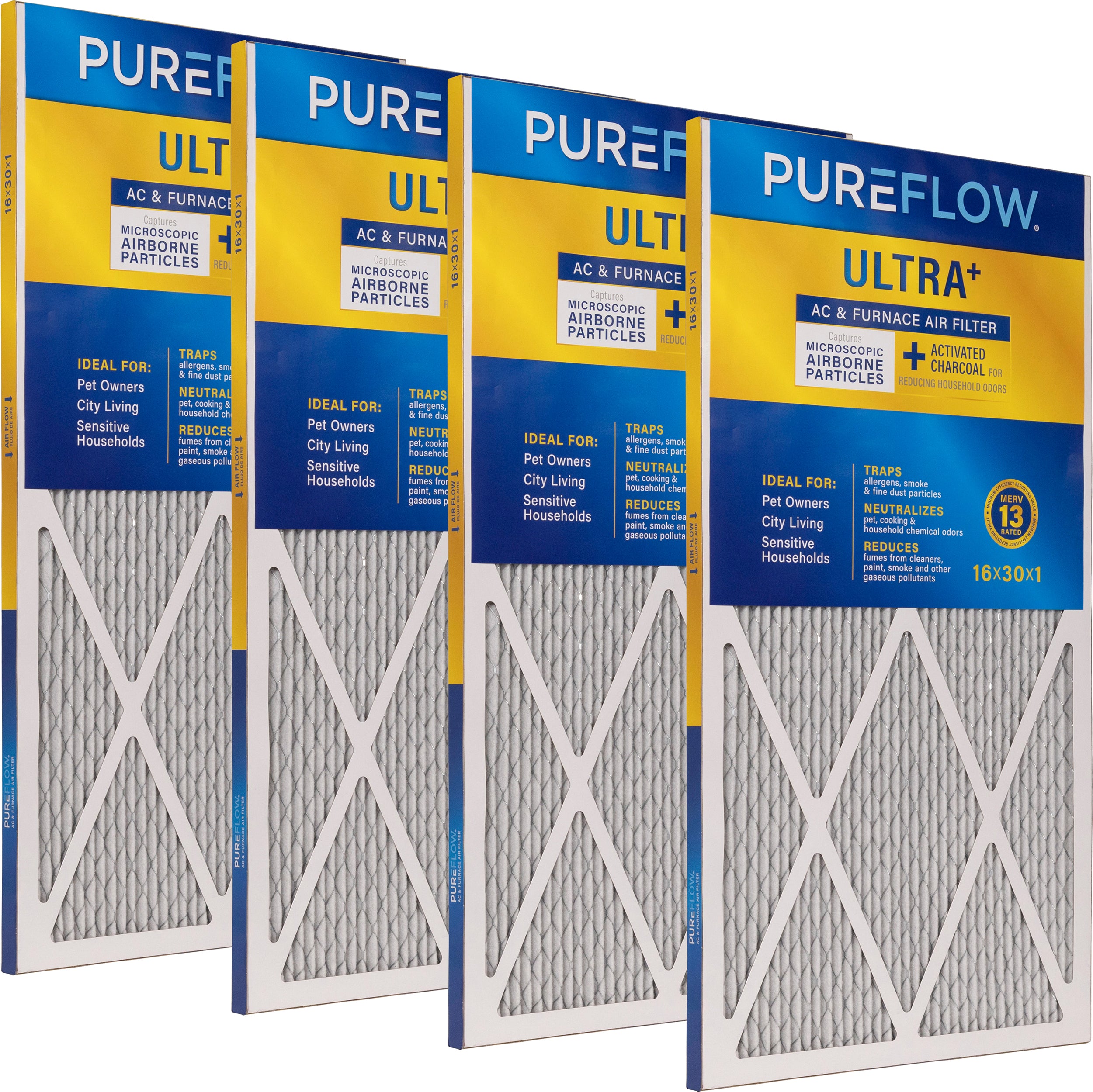 PUREFLOW Odor Control Home Air Filter MERV 13, 16x30x1 Furnace Filter, 4 Layer High Efficiency Filtration for Dust, Smoke, Fumes, Pollutants (4 - Pack)