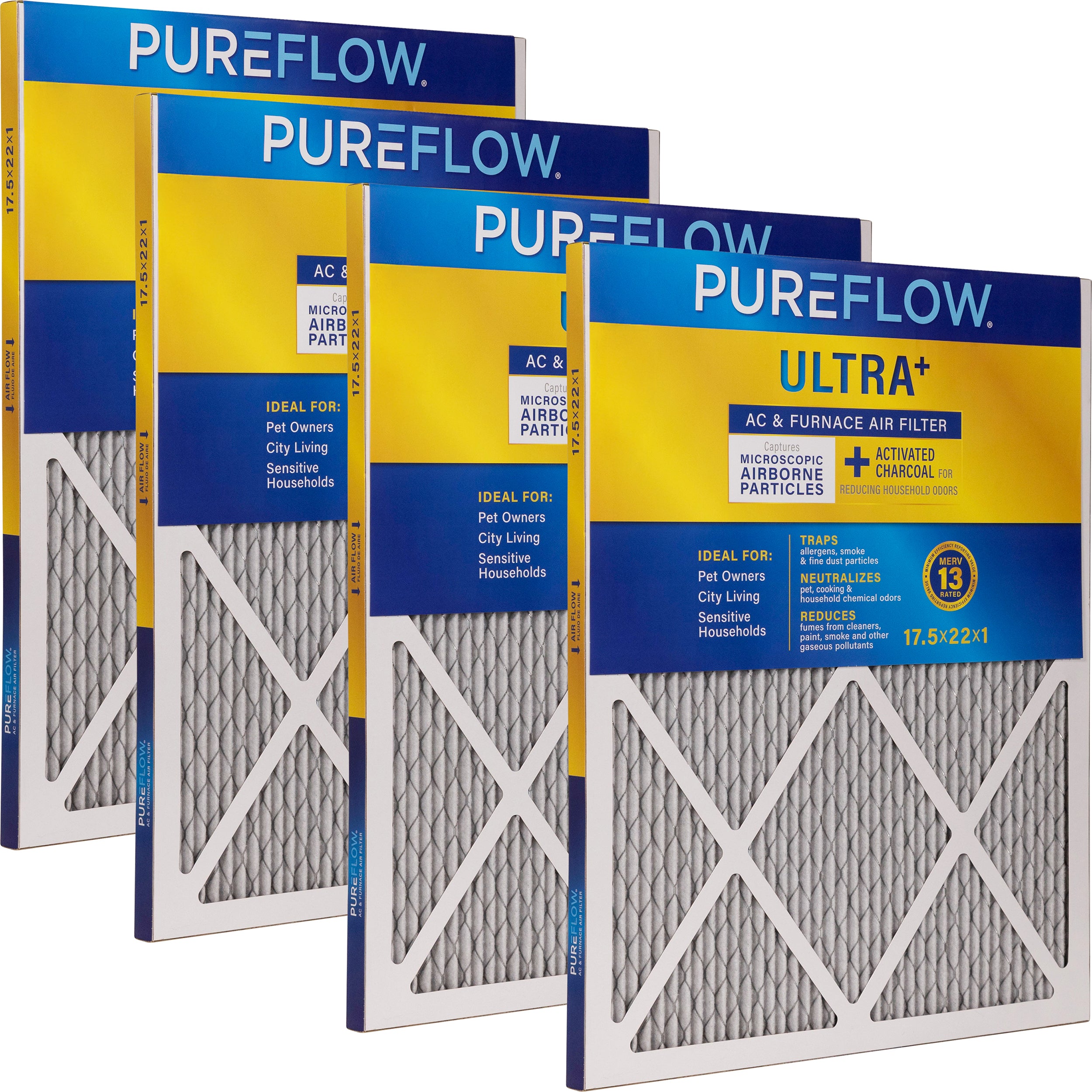 PUREFLOW Odor Control Home Air Filter MERV 13, 17.5x22x1 Furnace Filter, 4 Layer High Efficiency Filtration for Dust, Smoke, Fumes, Pollutants (4 - Pack)