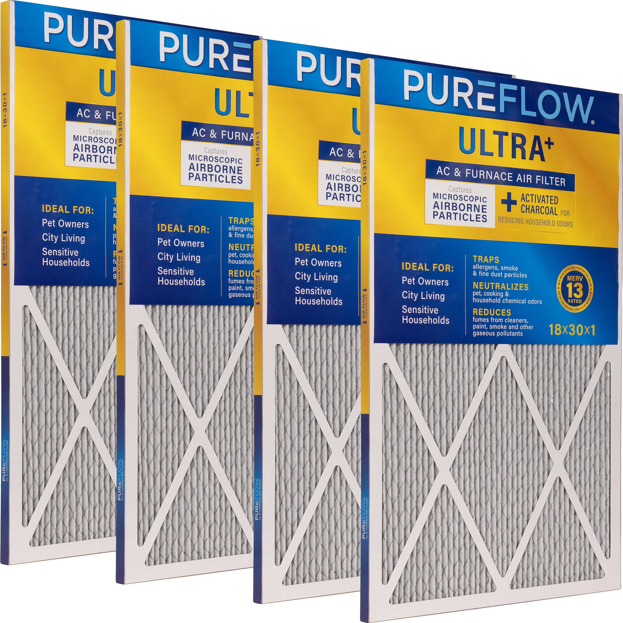 PUREFLOW Odor Control Home Air Filter MERV 13, 18x30x1 Furnace Filter, 4 Layer High Efficiency Filtration for Dust, Smoke, Fumes, Pollutants (4 - Pack)
