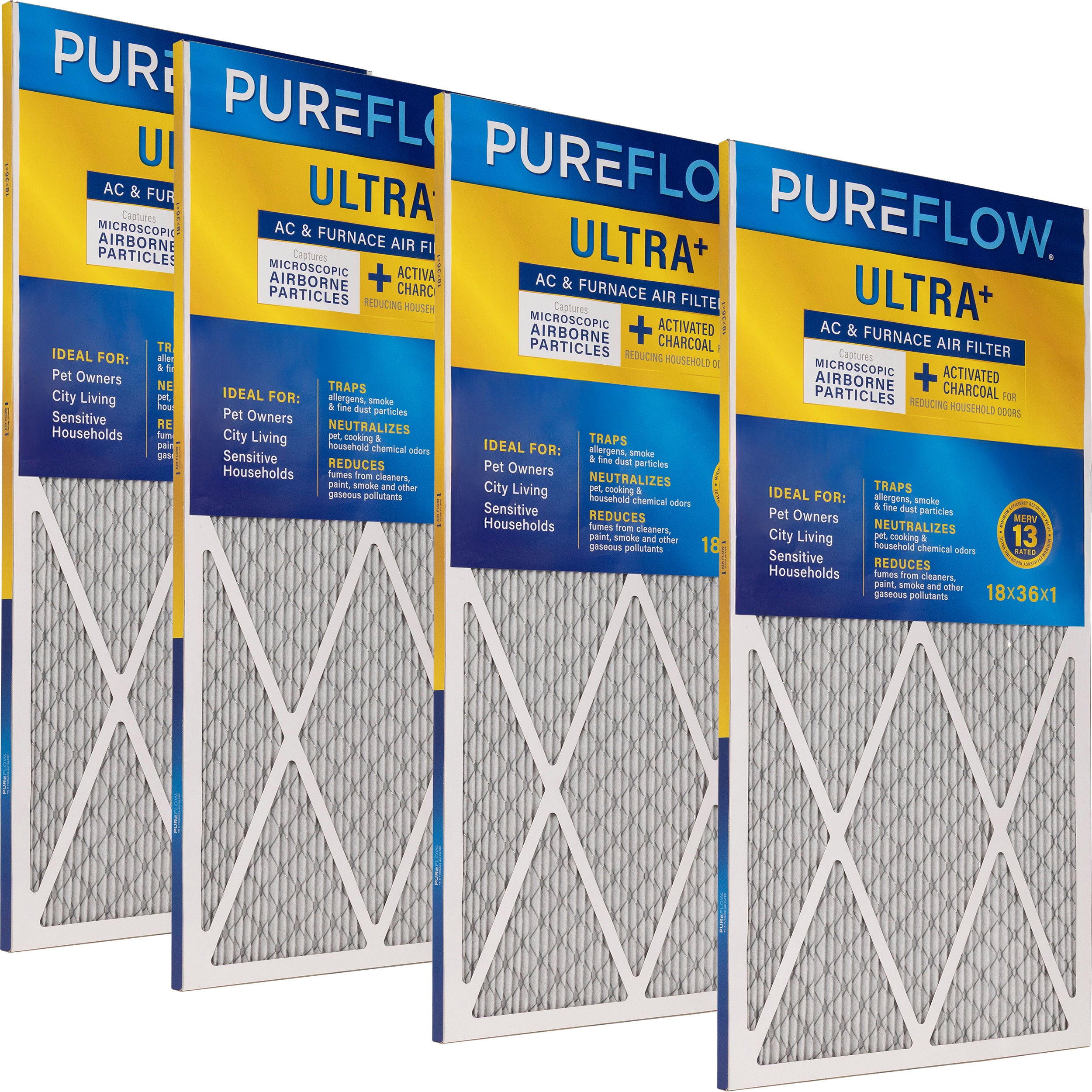 PUREFLOW Odor Control Home Air Filter MERV 13, 18x36x1 Furnace Filter, 4 Layer High Efficiency Filtration for Dust, Smoke, Fumes, Pollutants (4 - Pack)