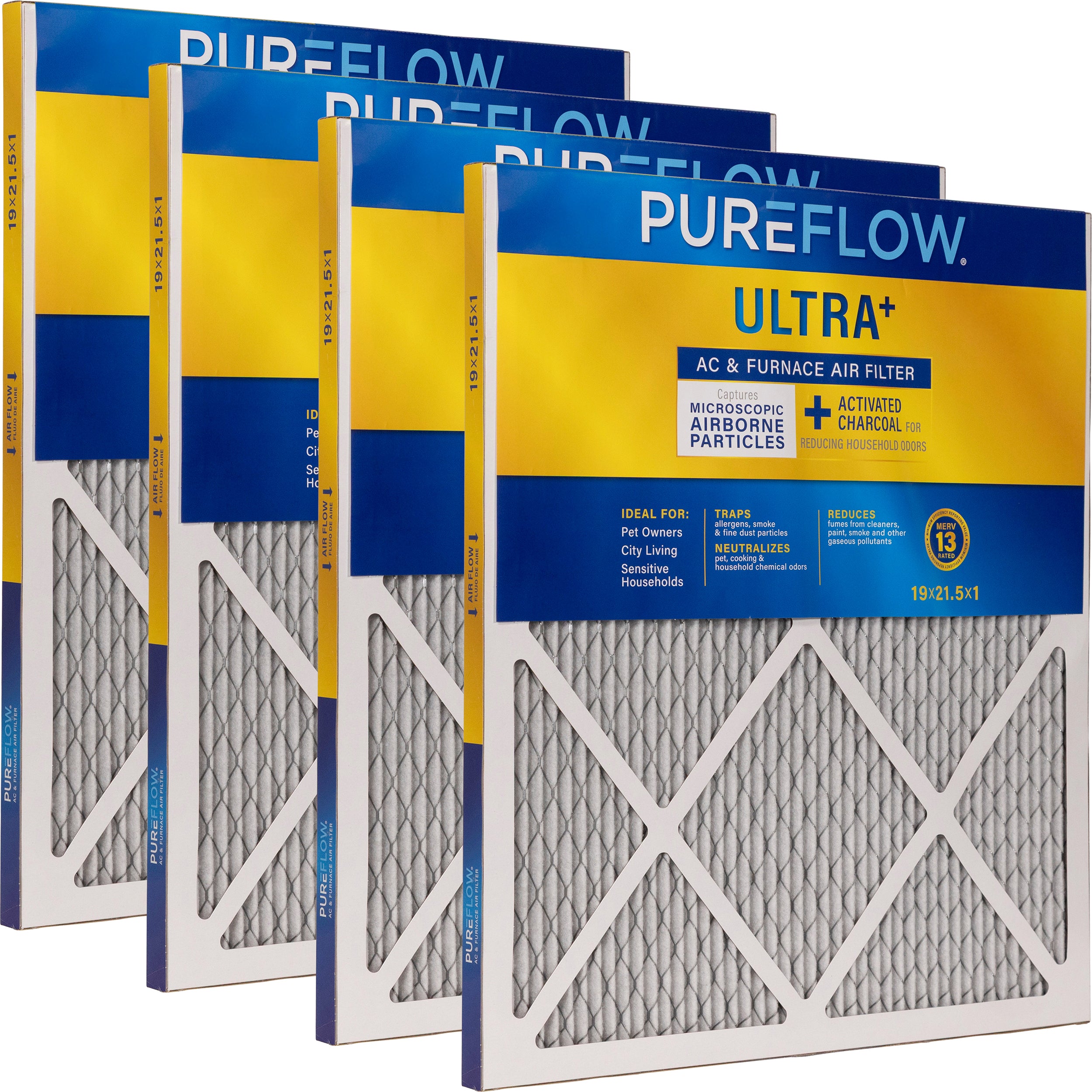 PUREFLOW Odor Control Home Air Filter MERV 13, 19x21.5x1 Furnace Filter, 4 Layer High Efficiency Filtration for Dust, Smoke, Fumes, Pollutants (4 - Pack)