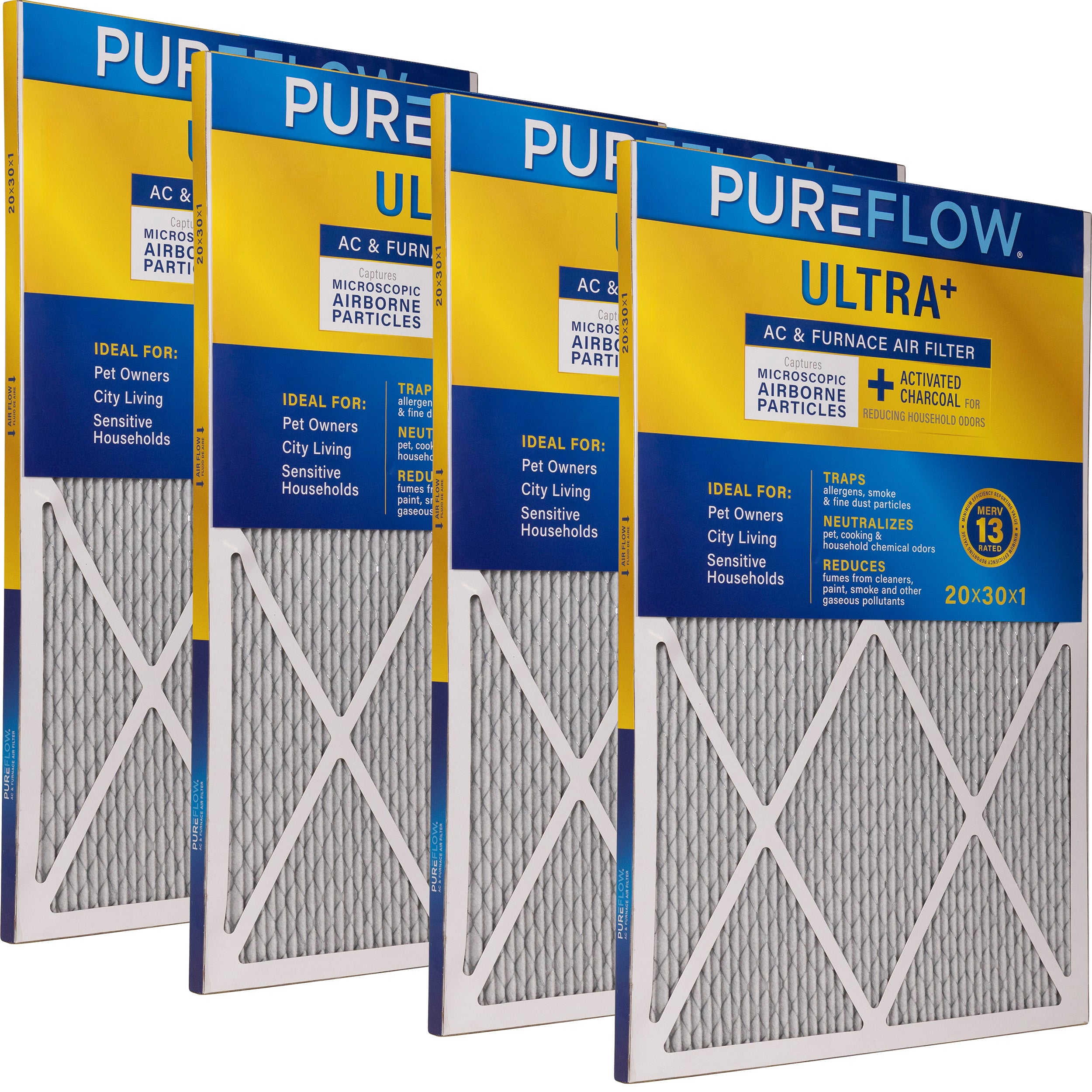 PUREFLOW Odor Control Home Air Filter MERV 13, 20x30x1 Furnace Filter, 4 Layer High Efficiency Filtration for Dust, Smoke, Fumes, Pollutants (4 - Pack)