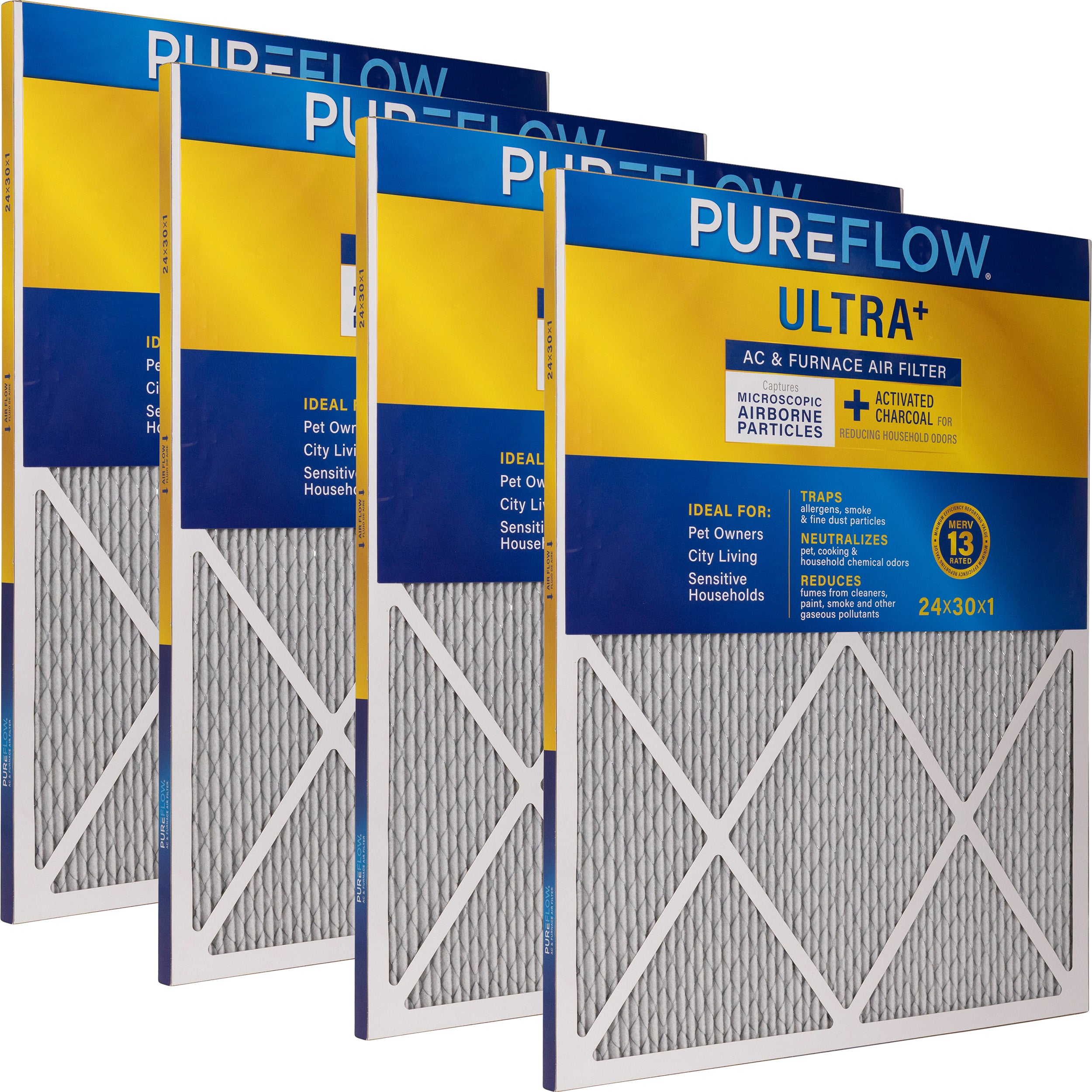 PUREFLOW Odor Control Home Air Filter MERV 13, 24x30x1 Furnace Filter, 4 Layer High Efficiency Filtration for Dust, Smoke, Fumes, Pollutants (4 - Pack)