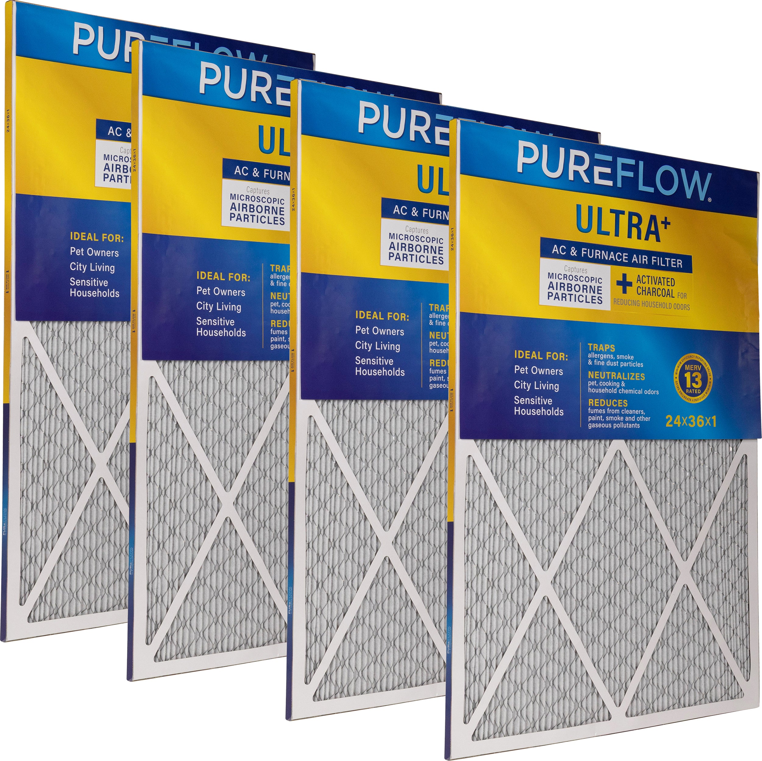 PUREFLOW Odor Control Home Air Filter MERV 13, 24x36x1 Furnace Filter, 4 Layer High Efficiency Filtration for Dust, Smoke, Fumes, Pollutants (4 - Pack)