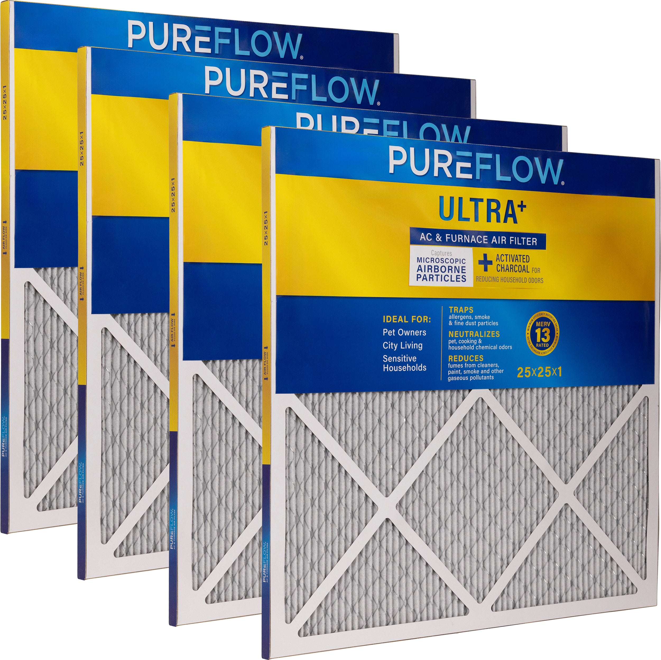 PUREFLOW Odor Control Home Air Filter MERV 13, 25x25x1 Furnace Filter, 4 Layer High Efficiency Filtration for Dust, Smoke, Fumes, Pollutants (4 - Pack)
