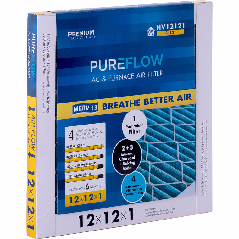 PUREFLOW, Home Furnace Air Filter 12x12x1, with 4 Layers of Advanced Filtration Technology, MERV-13 (2 - Pack)