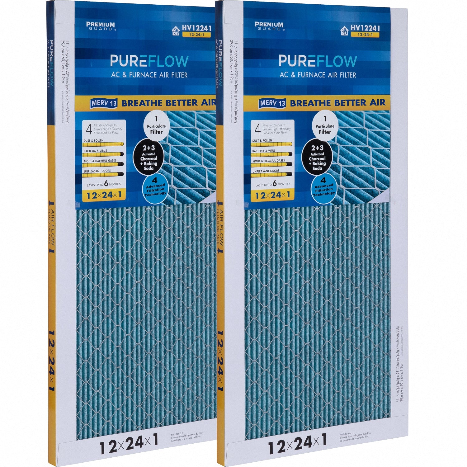 PUREFLOW, Home Furnace Air Filter 12x24x1, with 4 Layers of Advanced Filtration Technology, MERV-13 Pack of 2