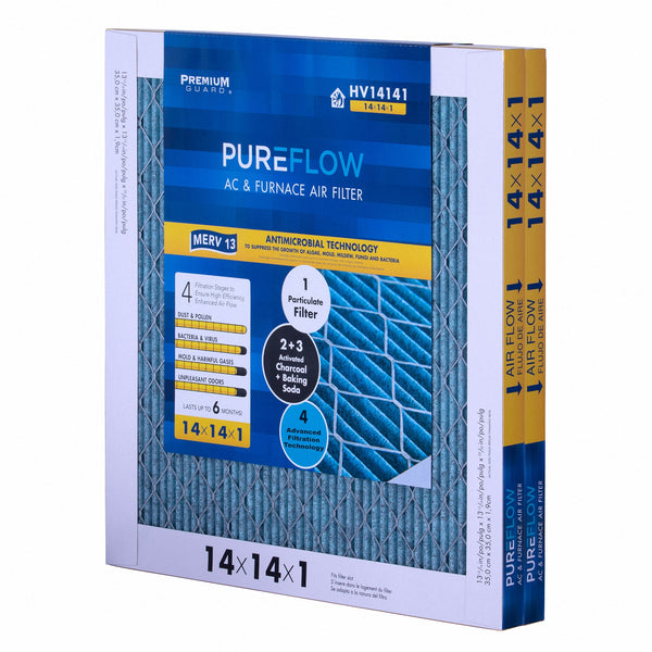 PUREFLOW, Home Furnace Air Filter 14x14x1, with 4 Layers of Advanced Filtration Technology, MERV-13 Pack of 2