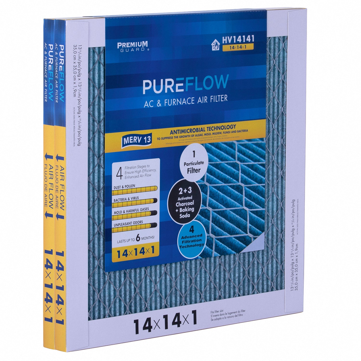 PUREFLOW, Home Furnace Air Filter 14x14x1, with 4 Layers of Advanced Filtration Technology, MERV-13 Pack of 2