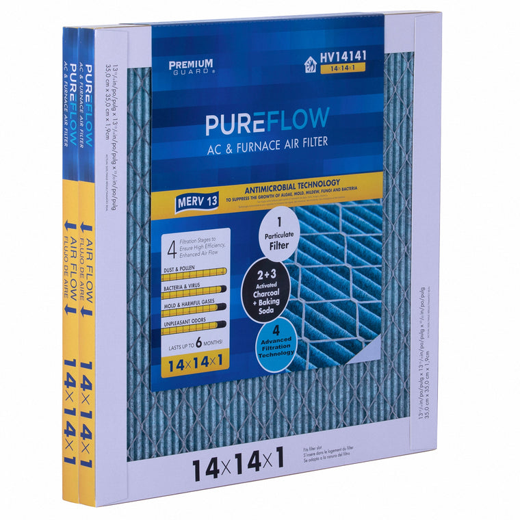 PUREFLOW, Home Furnace Air Filter 14x14x1, with 4 Layers of Advanced Filtration Technology, MERV-13 (2 - Pack)
