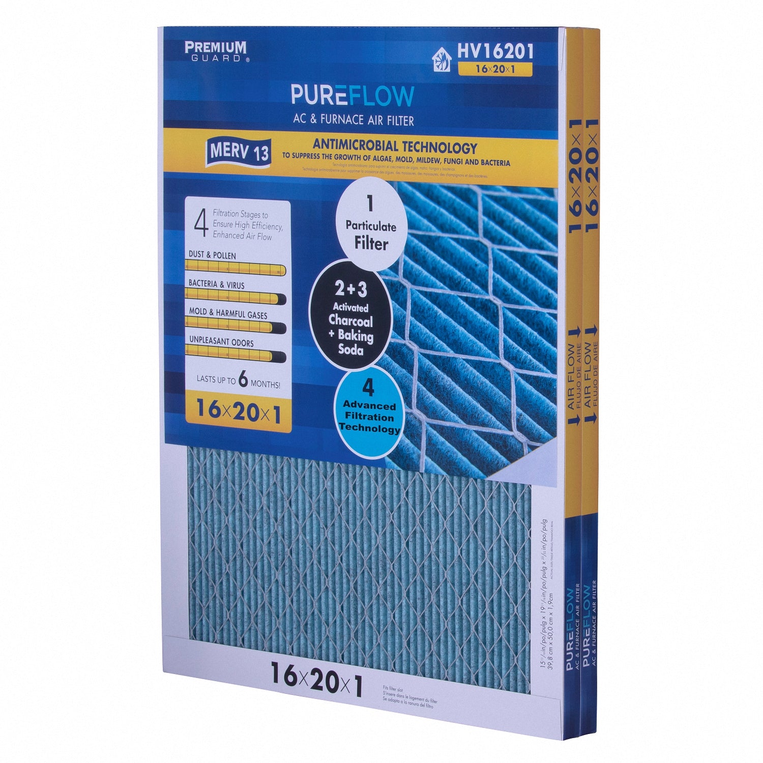 PUREFLOW, Home Furnace Air Filter 16x20x1, with 4 Layers of Advanced Filtration Technology, MERV-13 Pack of 2