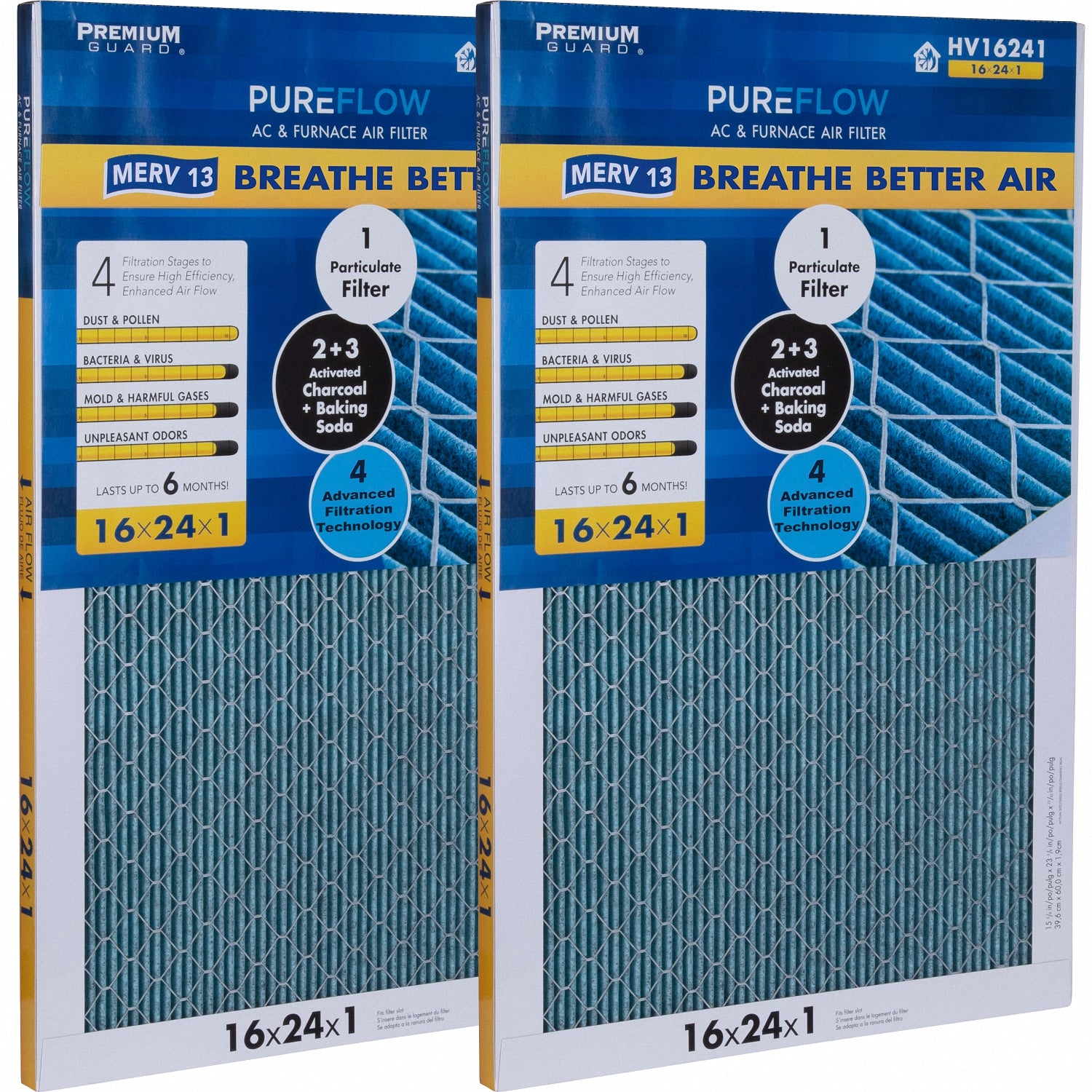 PUREFLOW, Home Furnace Air Filter 16x24x1, with 4 Layers of Advanced Filtration Technology, MERV-13 Pack of 2