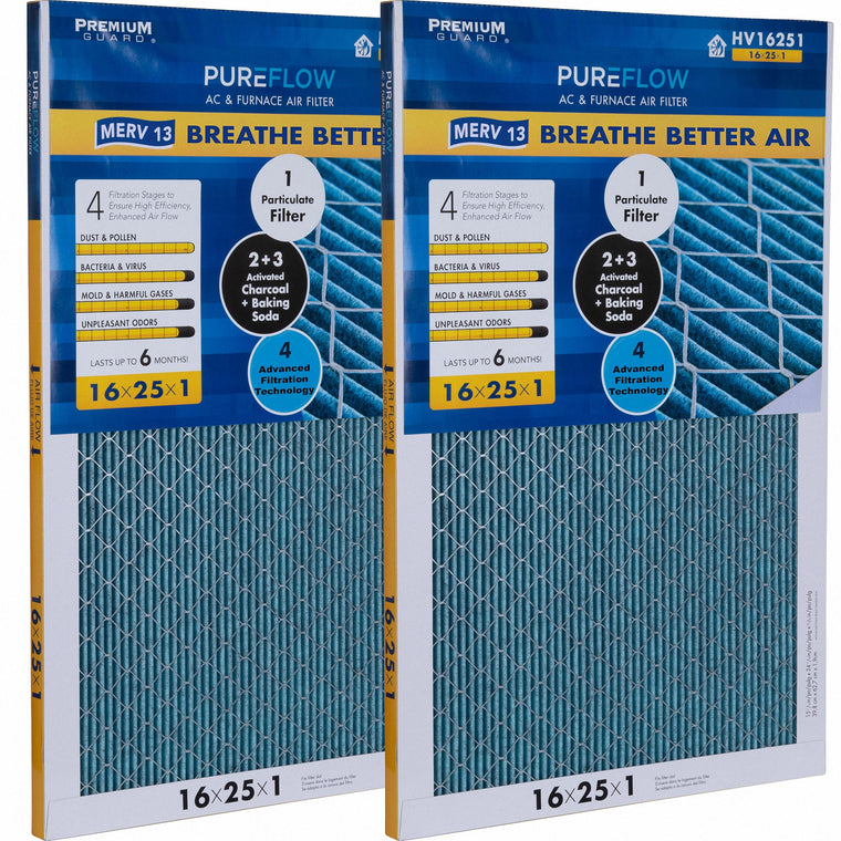 PUREFLOW, Home Furnace Air Filter 16x25x1, with 4 Layers of Advanced Filtration Technology, MERV-13 (2 - Pack)