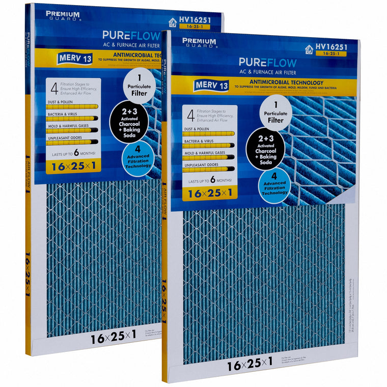 PUREFLOW, Home Furnace Air Filter 16x25x1, with 4 Layers of Advanced Filtration Technology, MERV-13 (2 - Pack)