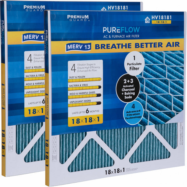 PUREFLOW, Home Furnace Air Filter 18x18x1, with 4 Layers of Advanced Filtration Technology, MERV-13 Pack of 2
