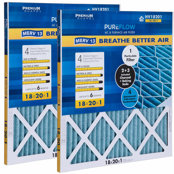 PUREFLOW, Home Furnace Air Filter 18x20x1, with 4 Layers of Advanced Filtration Technology, MERV-13 Pack of 2