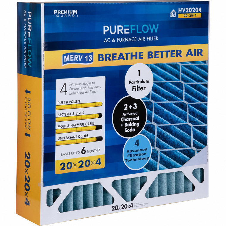 PUREFLOW, Home Furnace Air Filter 20x20x4, with 4 Layers of Advanced Filtration Technology, MERV-13 (1 - Pack)