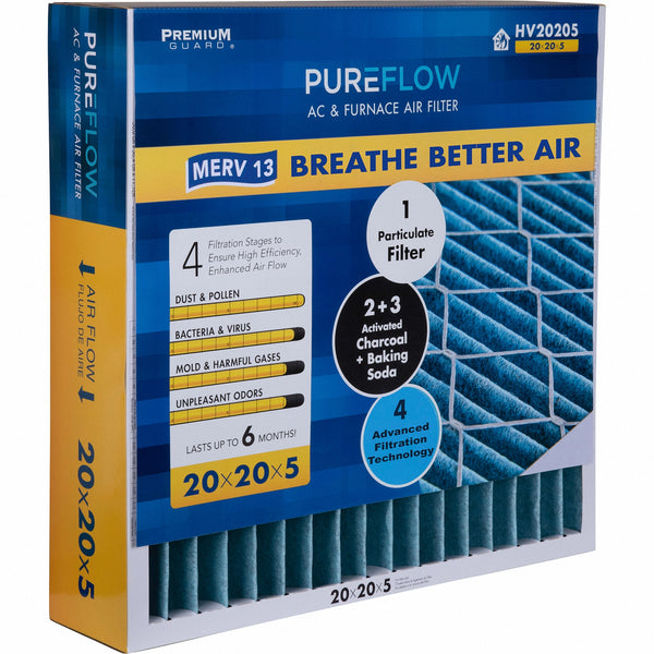 PUREFLOW, Home Furnace Air Filter 20x20x5, with 4 Layers of Advanced Filtration Technology, MERV-13 Pack of 1