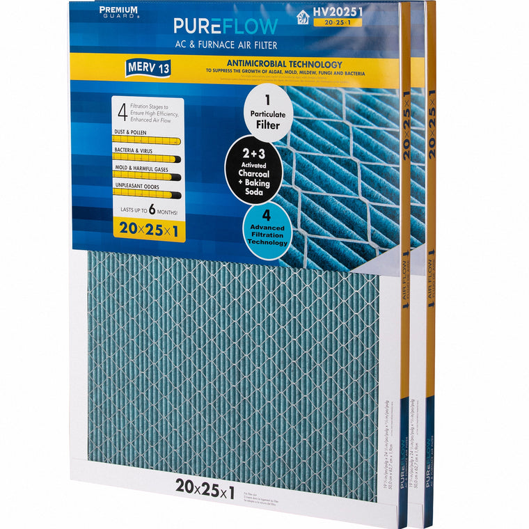 PUREFLOW, Home Furnace Air Filter 20x25x1, with 4 Layers of Advanced Filtration Technology, MERV-13 (2 - Pack)