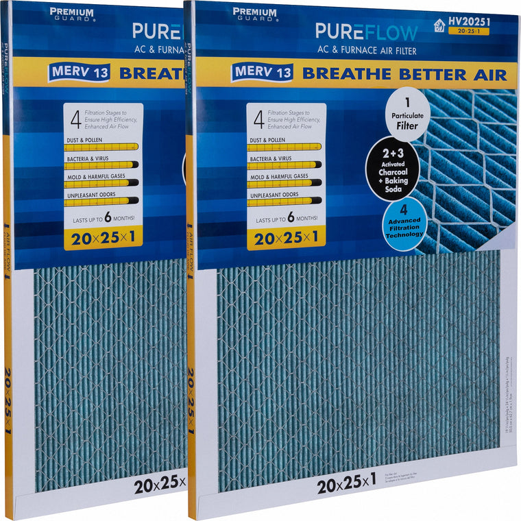 PUREFLOW, Home Furnace Air Filter 20x25x1, with 4 Layers of Advanced Filtration Technology, MERV-13 (2 - Pack)