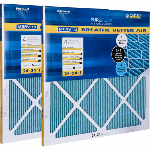 PUREFLOW, Home Furnace Air Filter 24x24x1, with 4 Layers of Advanced Filtration Technology, MERV-13 Pack of 2