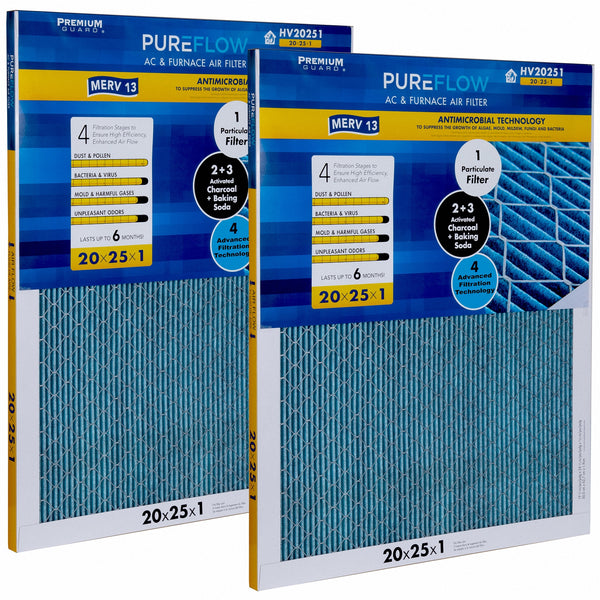 PUREFLOW, Home Furnace Air Filter 20x25x1, with 4 Layers of Advanced Filtration Technology, MERV-13 Pack of 2